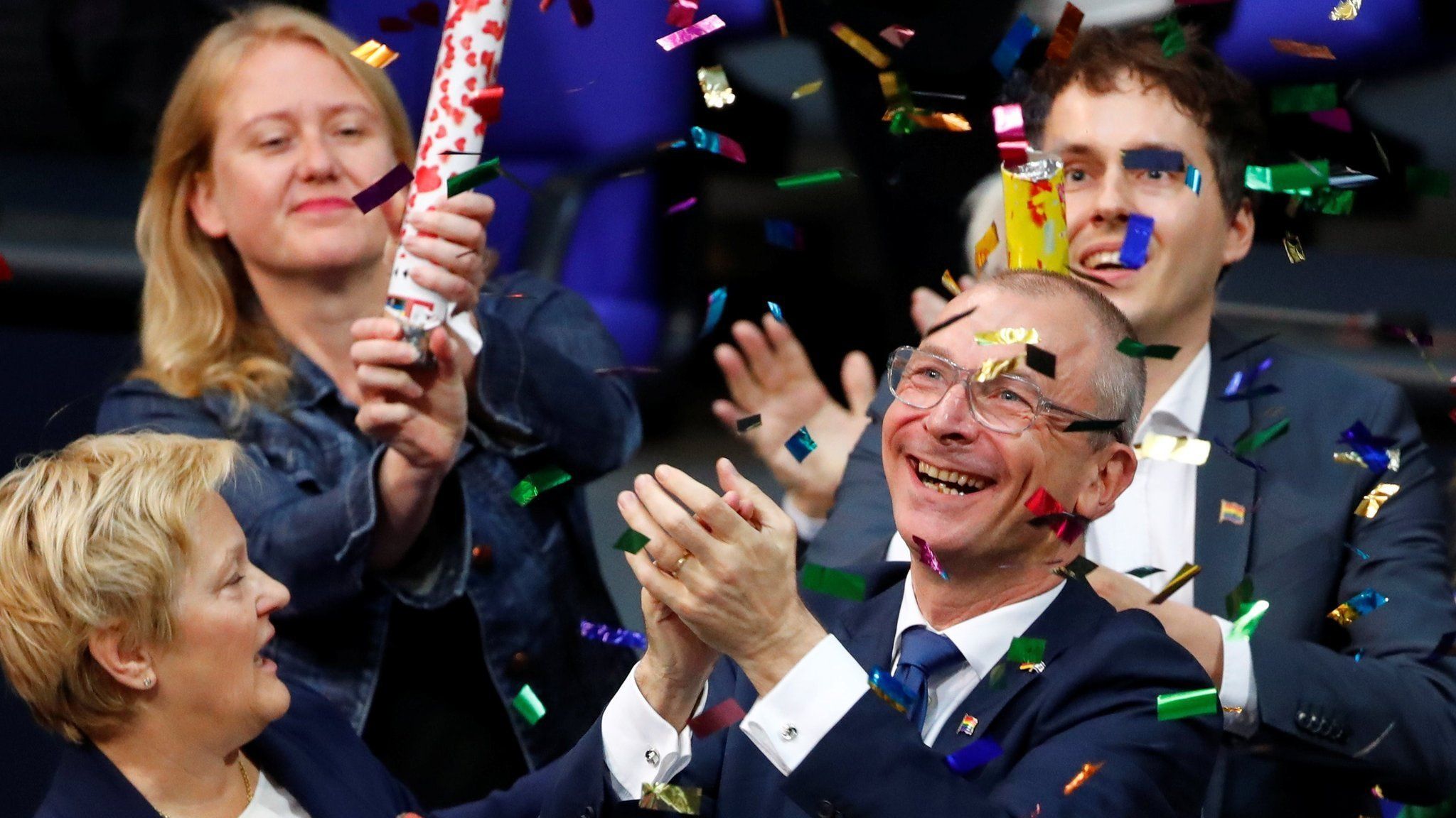 Volker Beck of Germany's environmental party Die Gruenen (The Greens) celebrates after the lower house of parliament, the Bundestag, voted on legalising same-sex marriage, in Berlin, Germany on 30 June 2017
