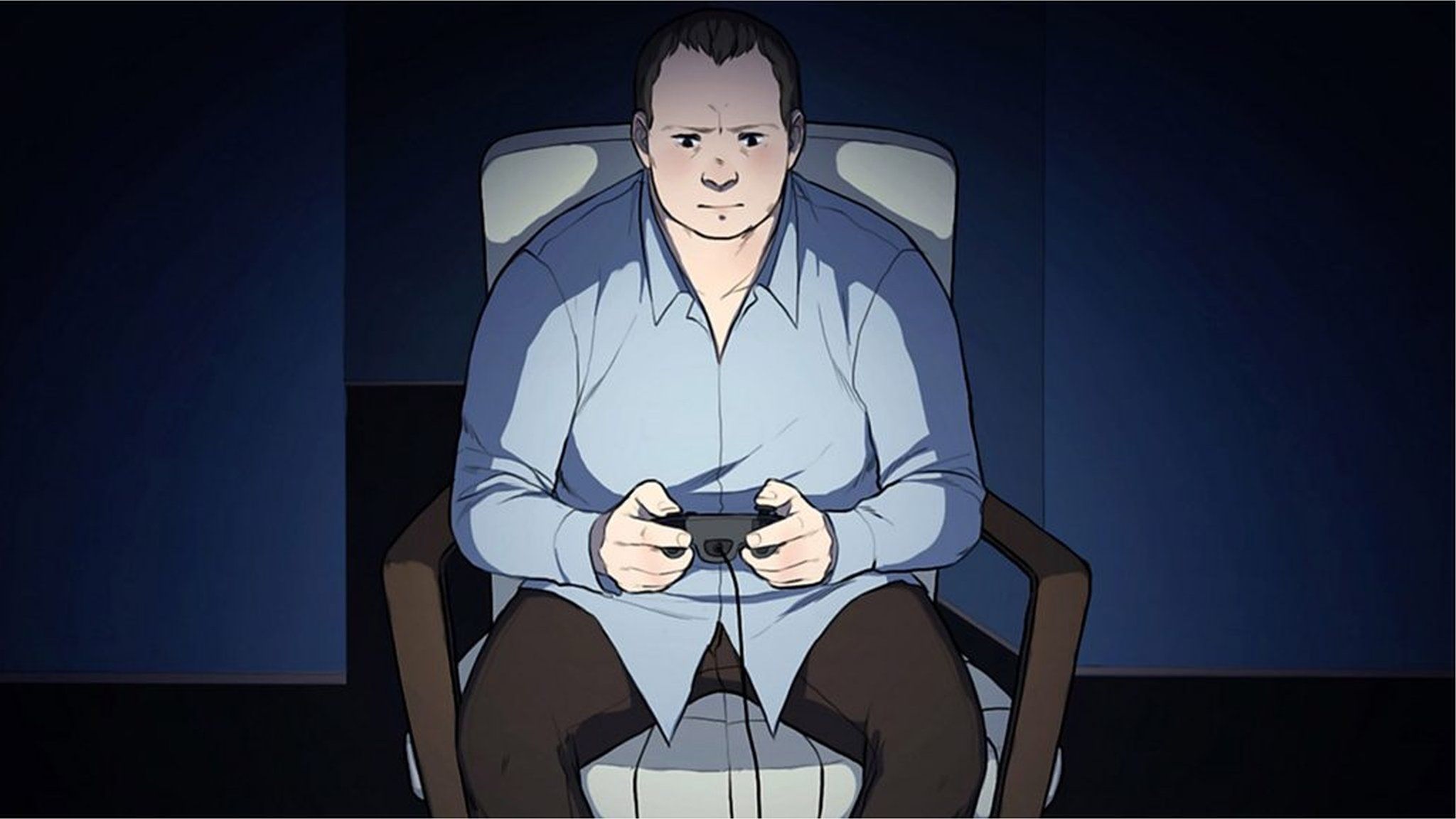 Line drawing of a man playing a video game