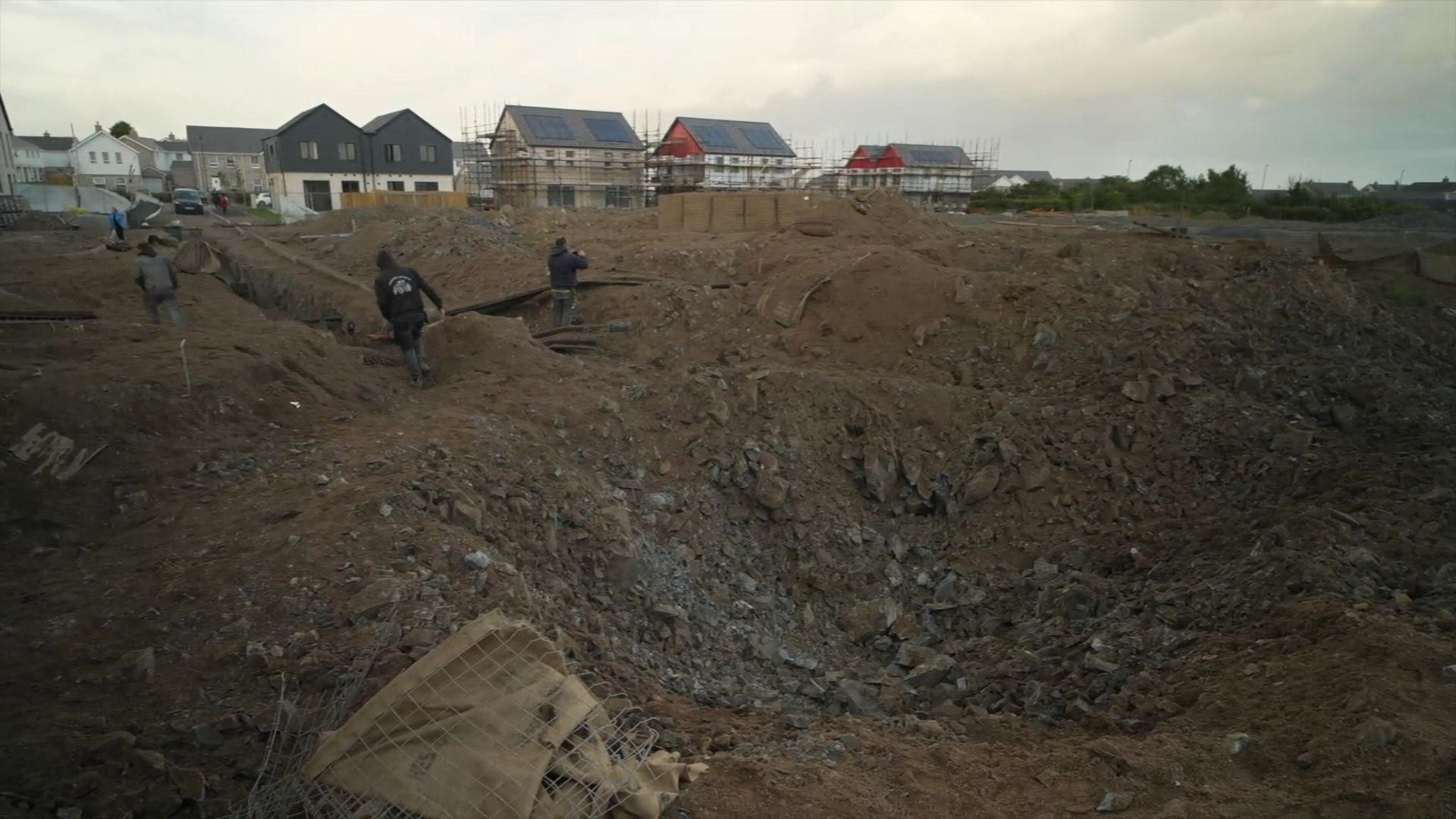 The aftermath of the crater in Newtownards is shown 