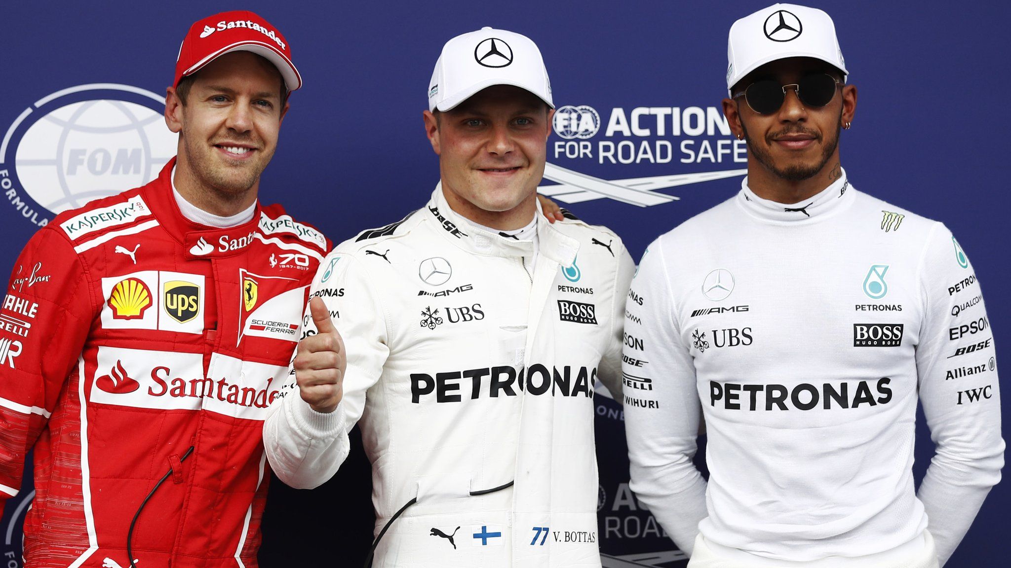 Sebastian Vettel, Valtteri Bottas and Lewis Hamilton