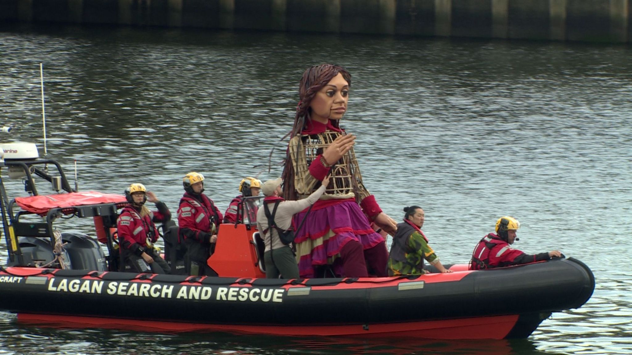 Little Amal on a Lagan Search and Rescue boat