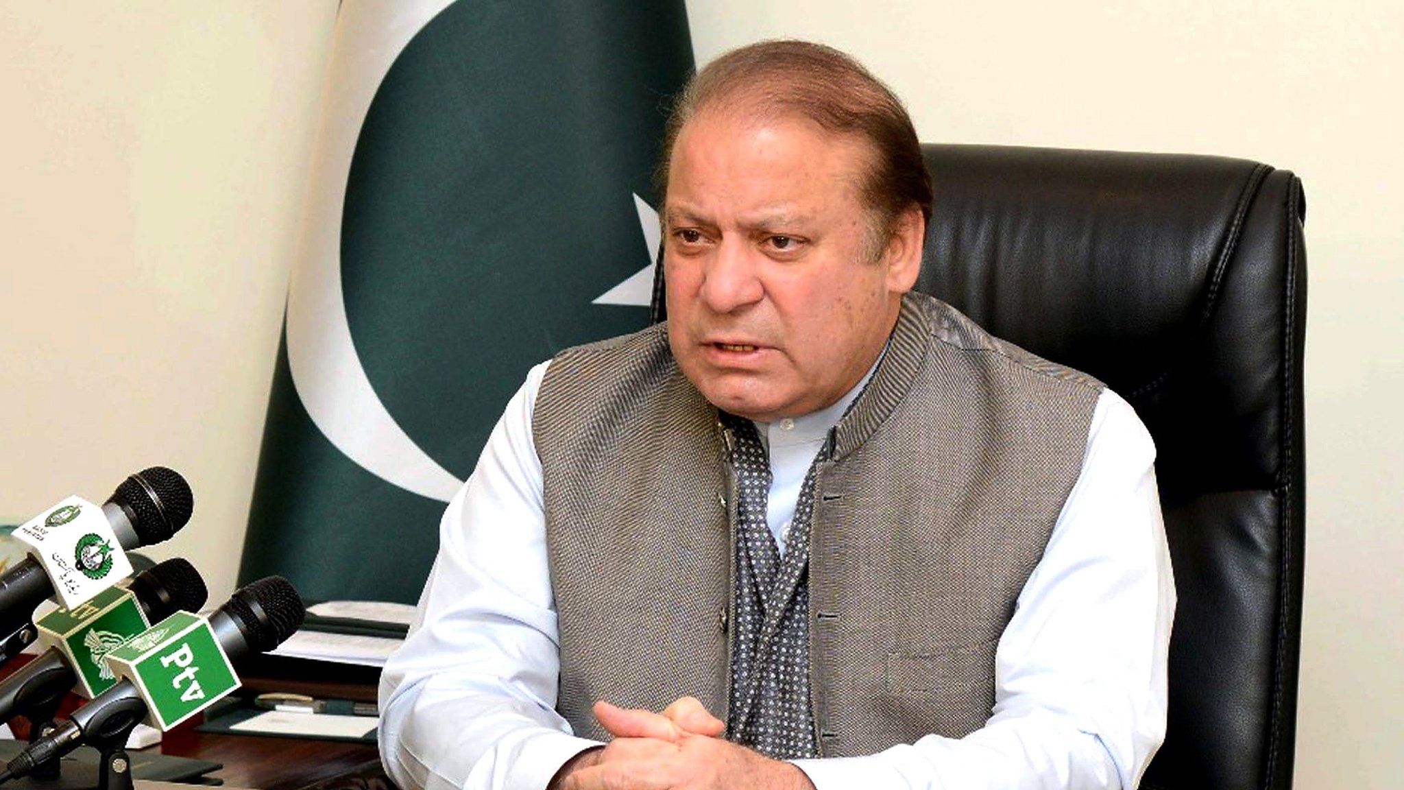 A handout picture released by the Pakistan Press Information Department (PID) on March 28, 2016, shows Pakistan"s Prime Minister Nawaz Sharif addressing the nation at his office in Islamabad
