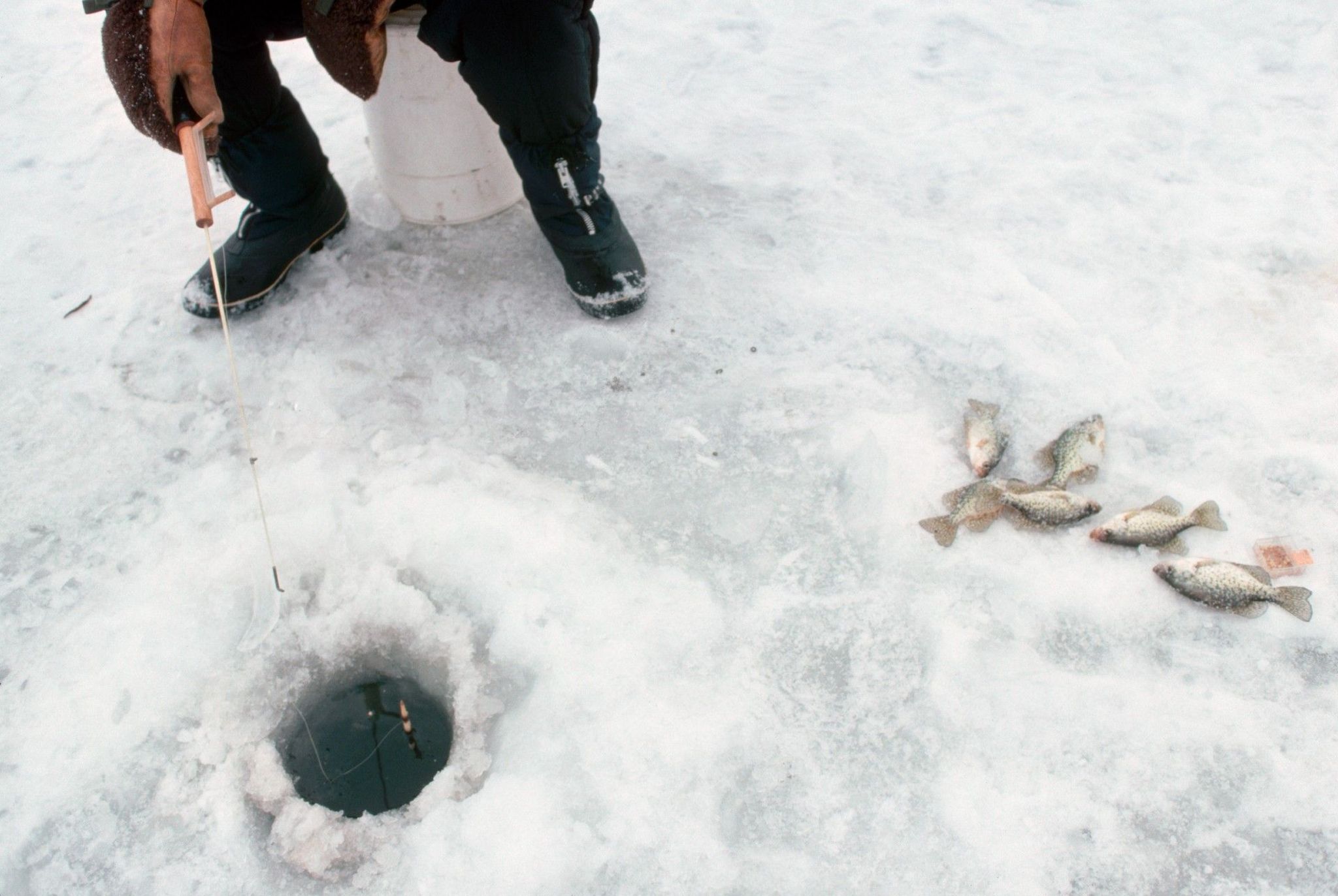 Fisherman dropping a line through a hole in the ice
