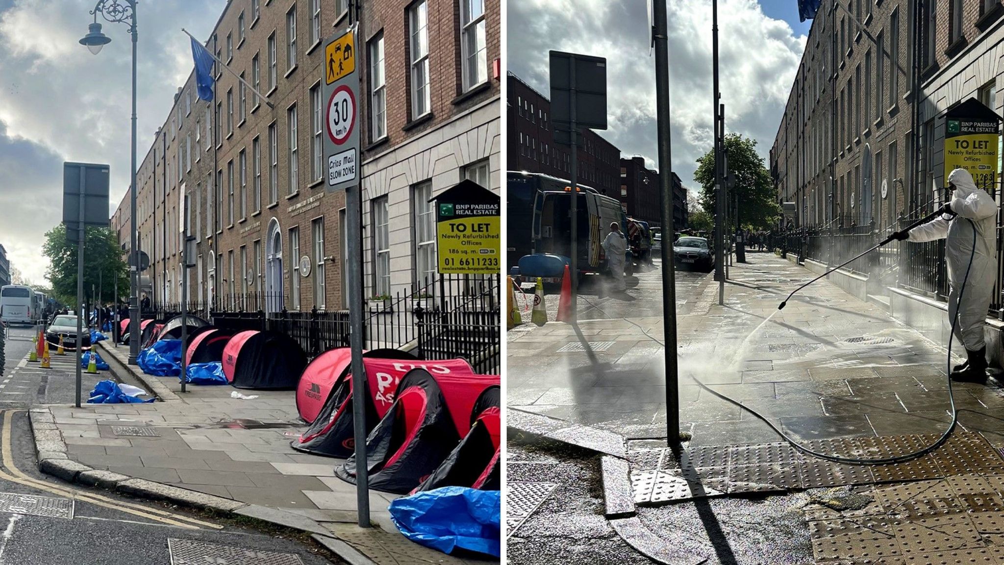 Left image shows tents used by asylum seekers, the right image shows cleaners hosing Mount Street
