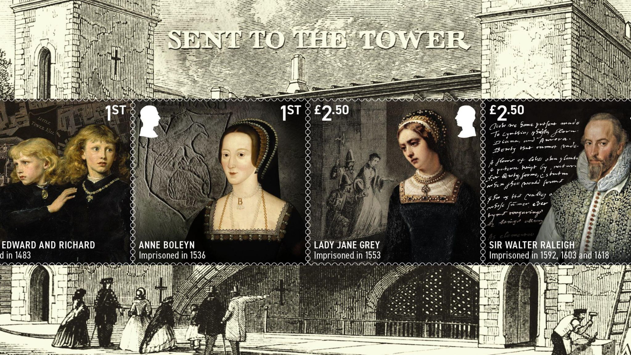 Anne Boleyn, Sir Walter Raleigh, Lady Jane Grey and Princes Edward and Richard on stamps