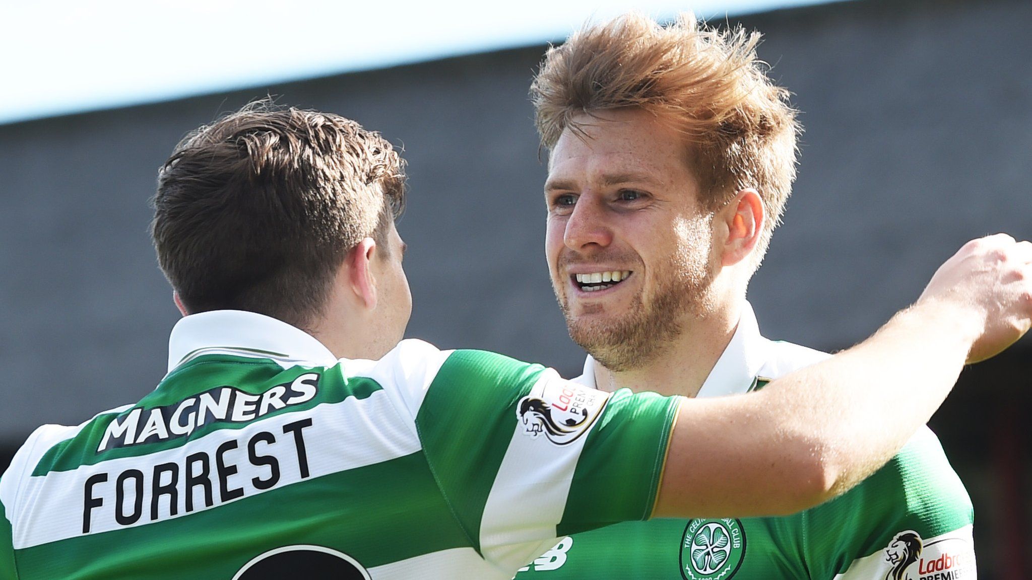 Celtic's James Forrest and Stuart Armstrong celebrate against Dundee