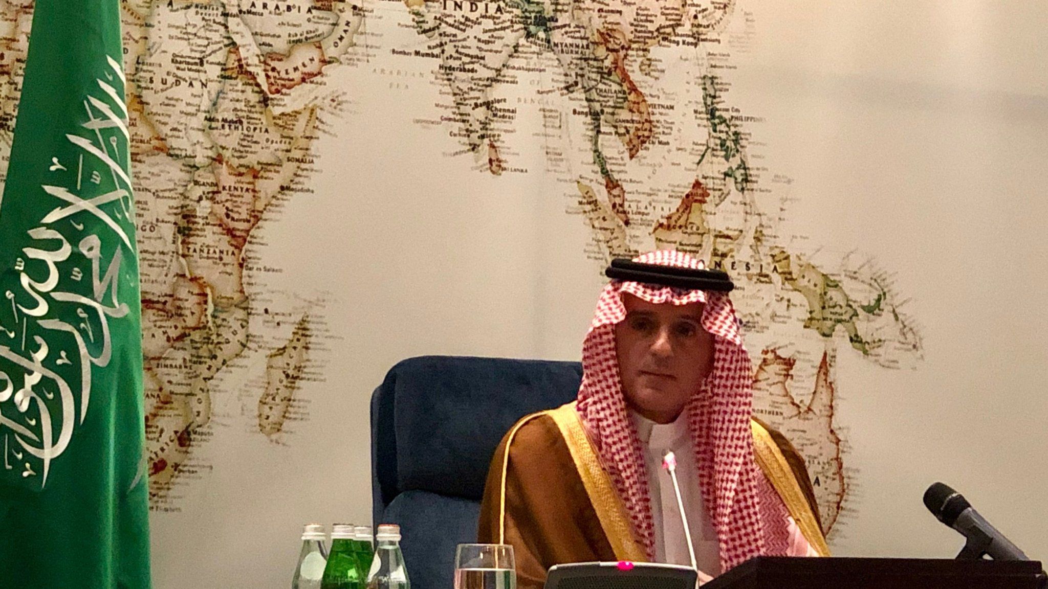 Sauid Minister of State for Foreign Affairs Adel al-Jubeir giving a press conference about the oil attacks on 21 September 2019