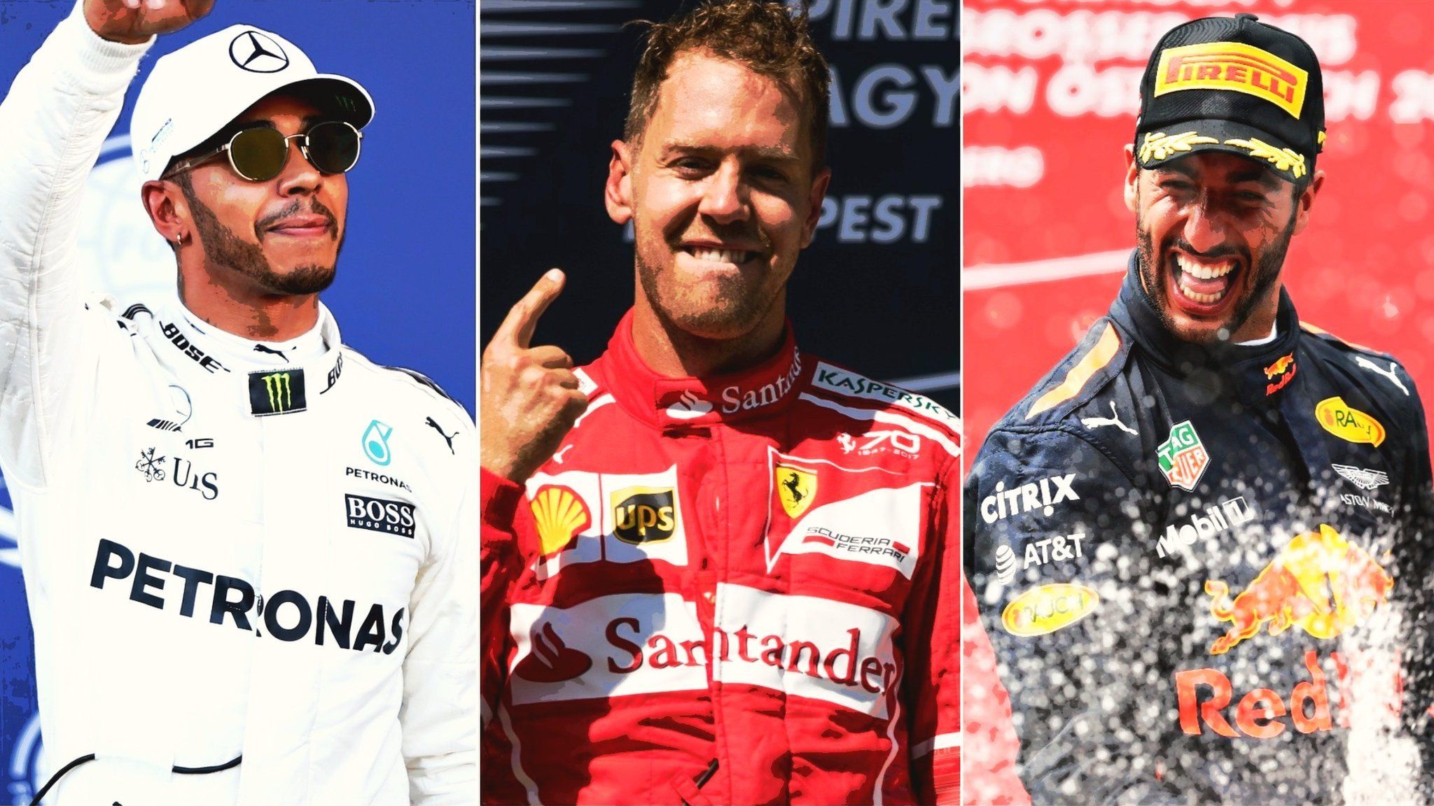 Lewis Hamilton, Sebastian Vettel and Daniel Ricciardo