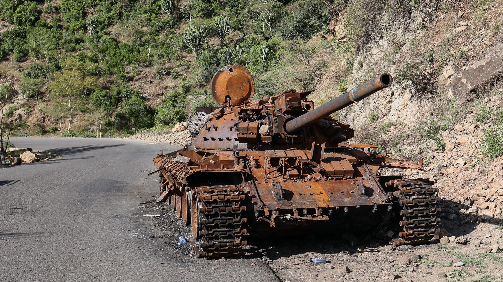 A damaged tank in the Tigray region of Ethiopia