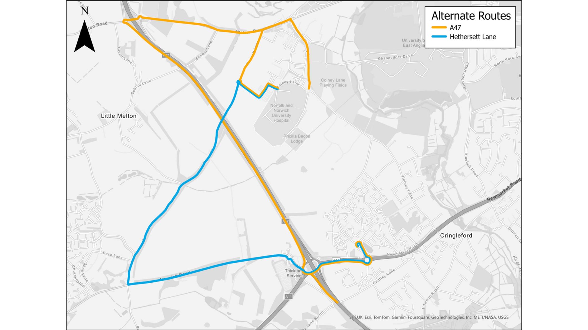 A map showing alternative routes for the closure of Colney Lane East