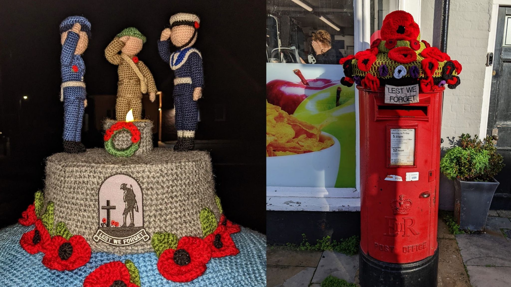 Characters pay their respects at a war memorial, and giant poppies decorate a postbox.