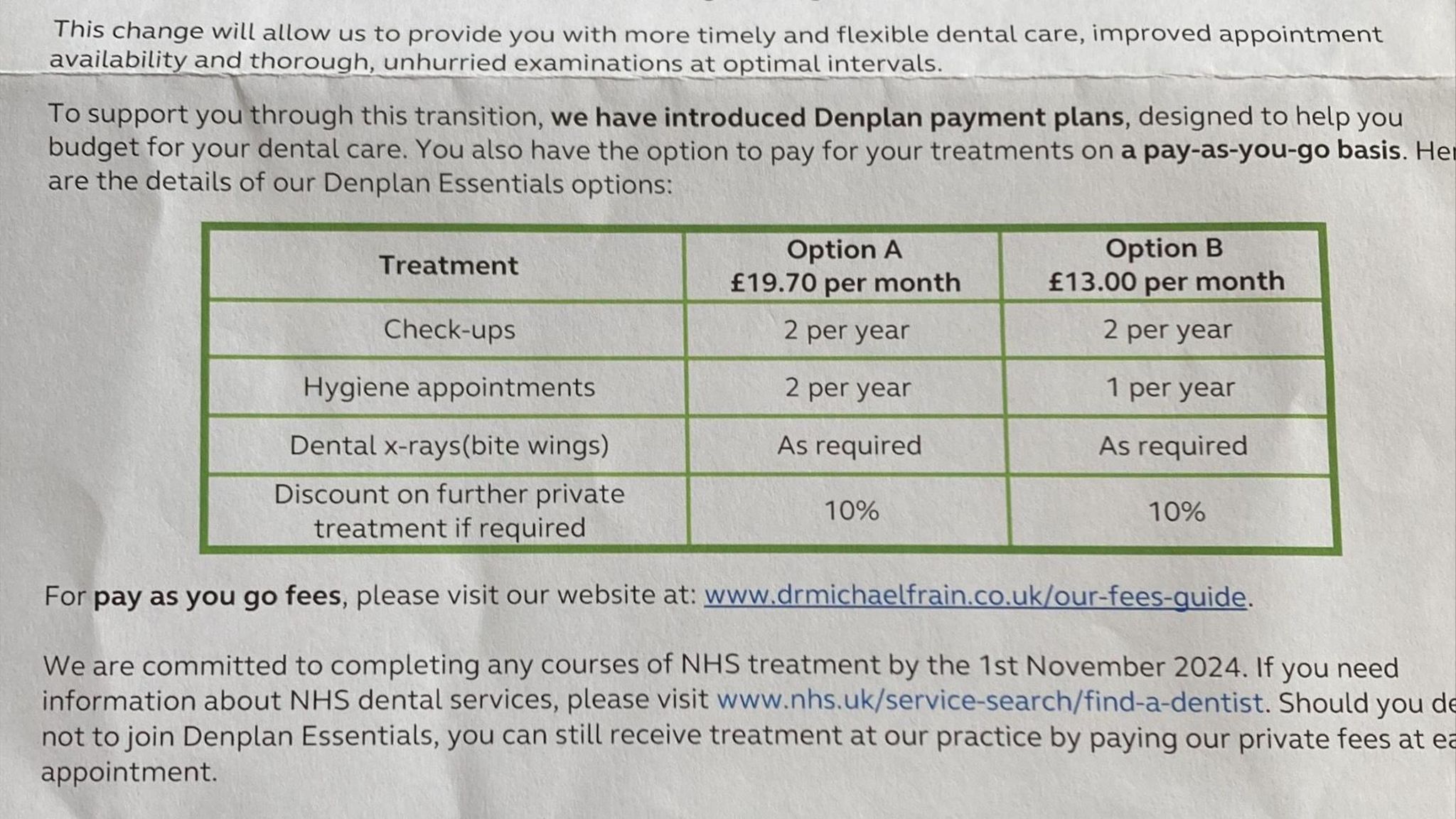 A letter containing a breakdown of the cost of the subscriptions and treatments under the new DenPlan scheme.