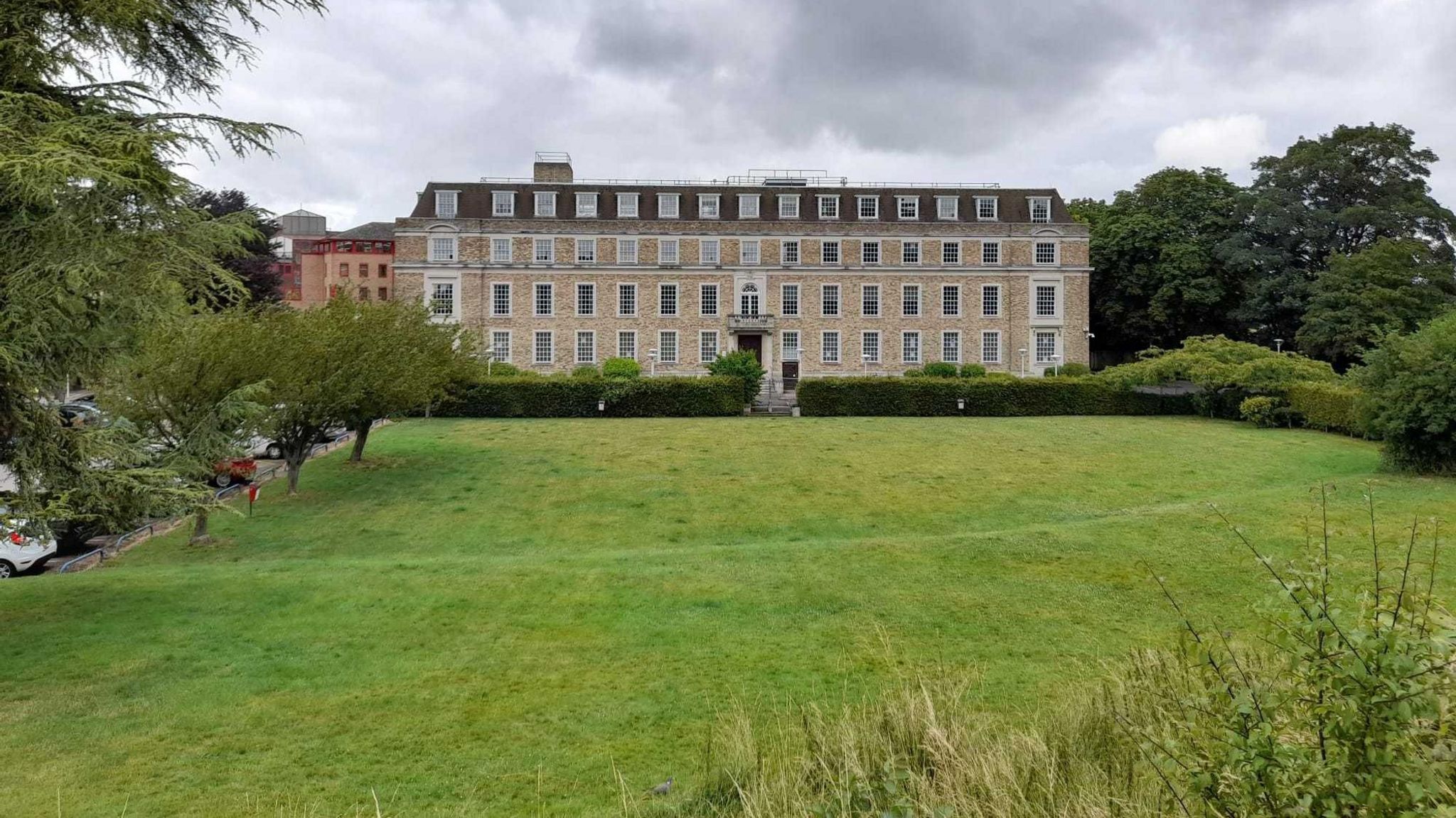 View of the front of Shire Hall with its lawn in front