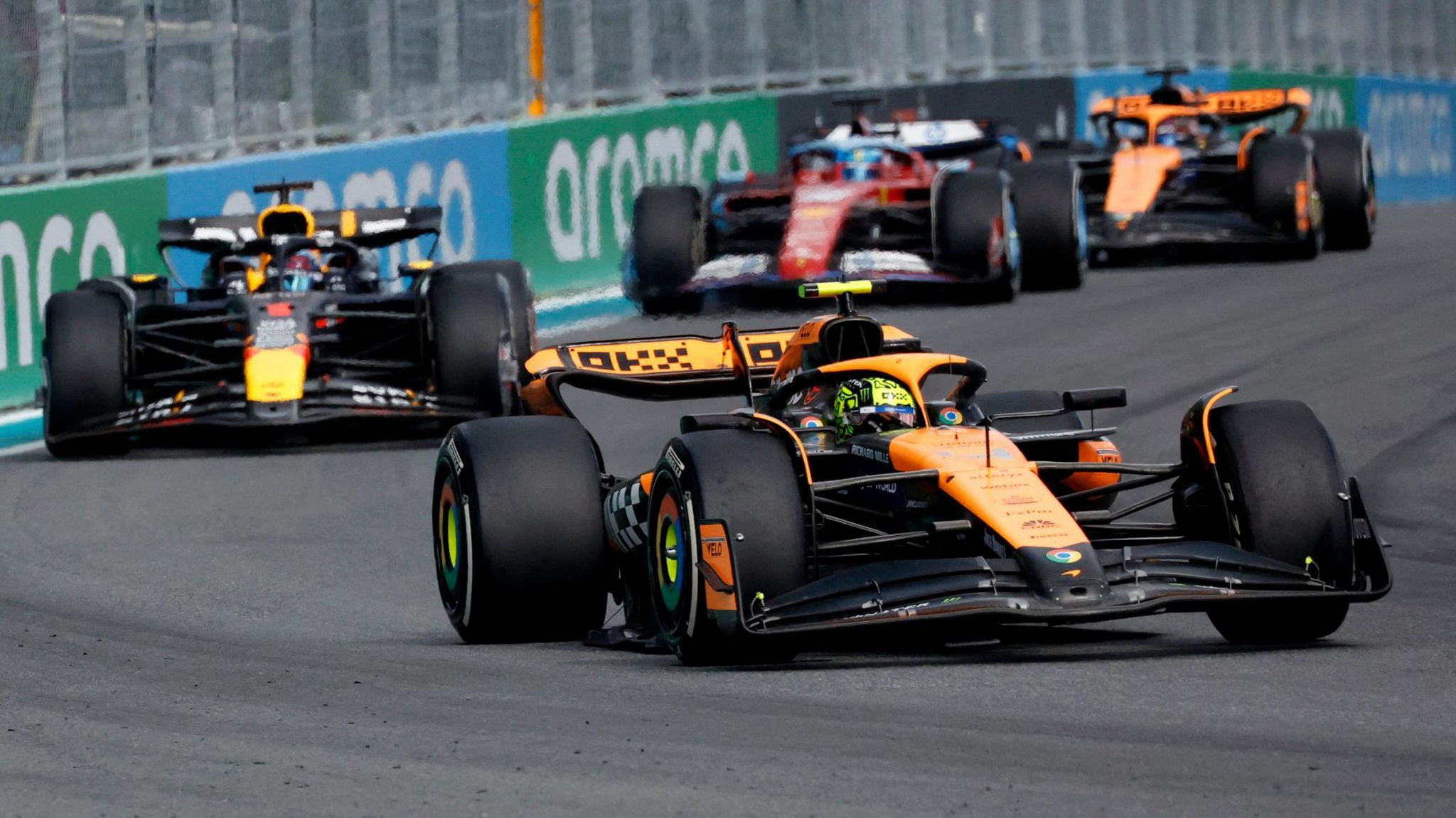 Lando Norris leads Max Verstappen during the Miami Grand Prix