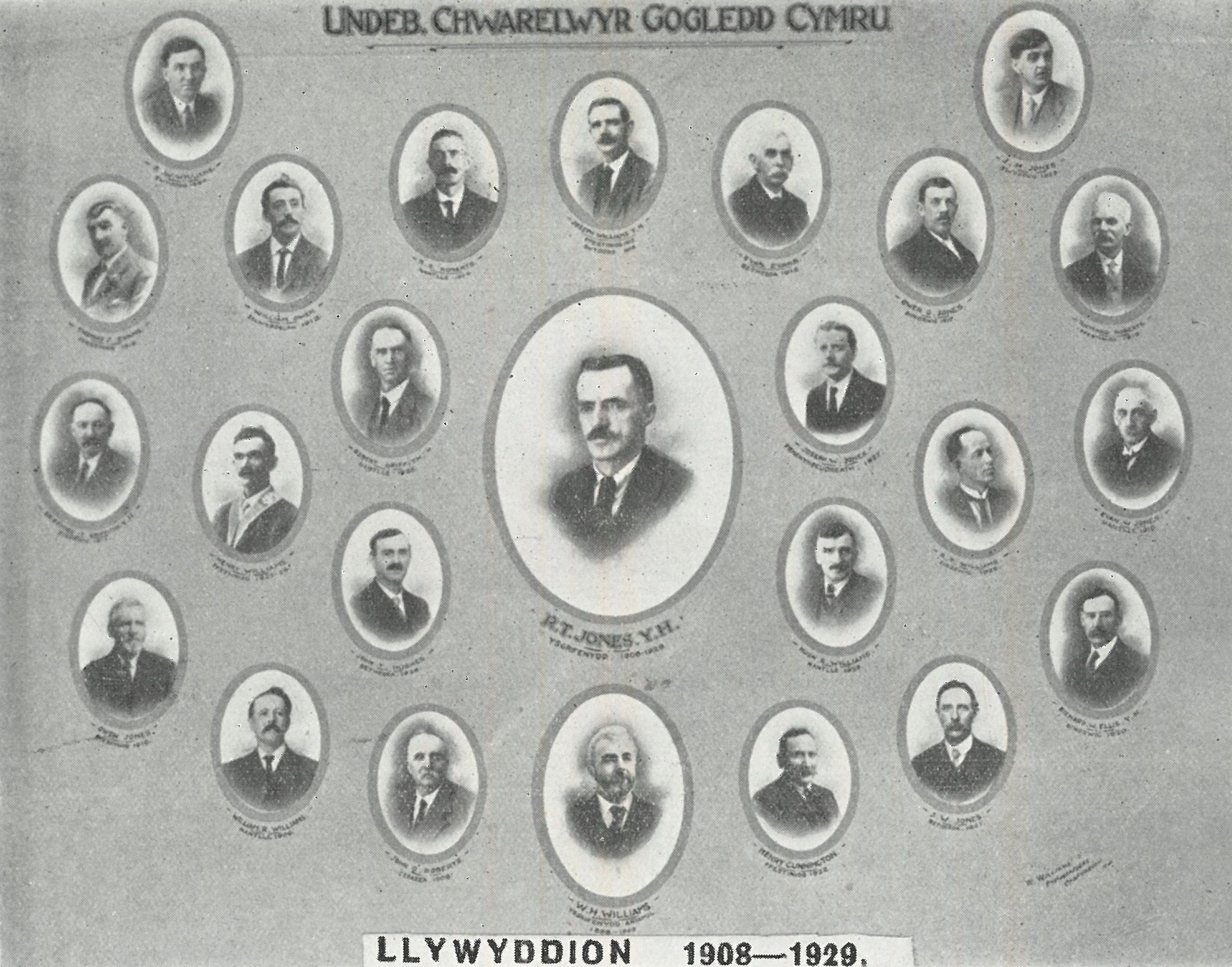 Llun o lywyddion Undeb Chwarelwyr Gogledd Cymru rhwng 1908-1929