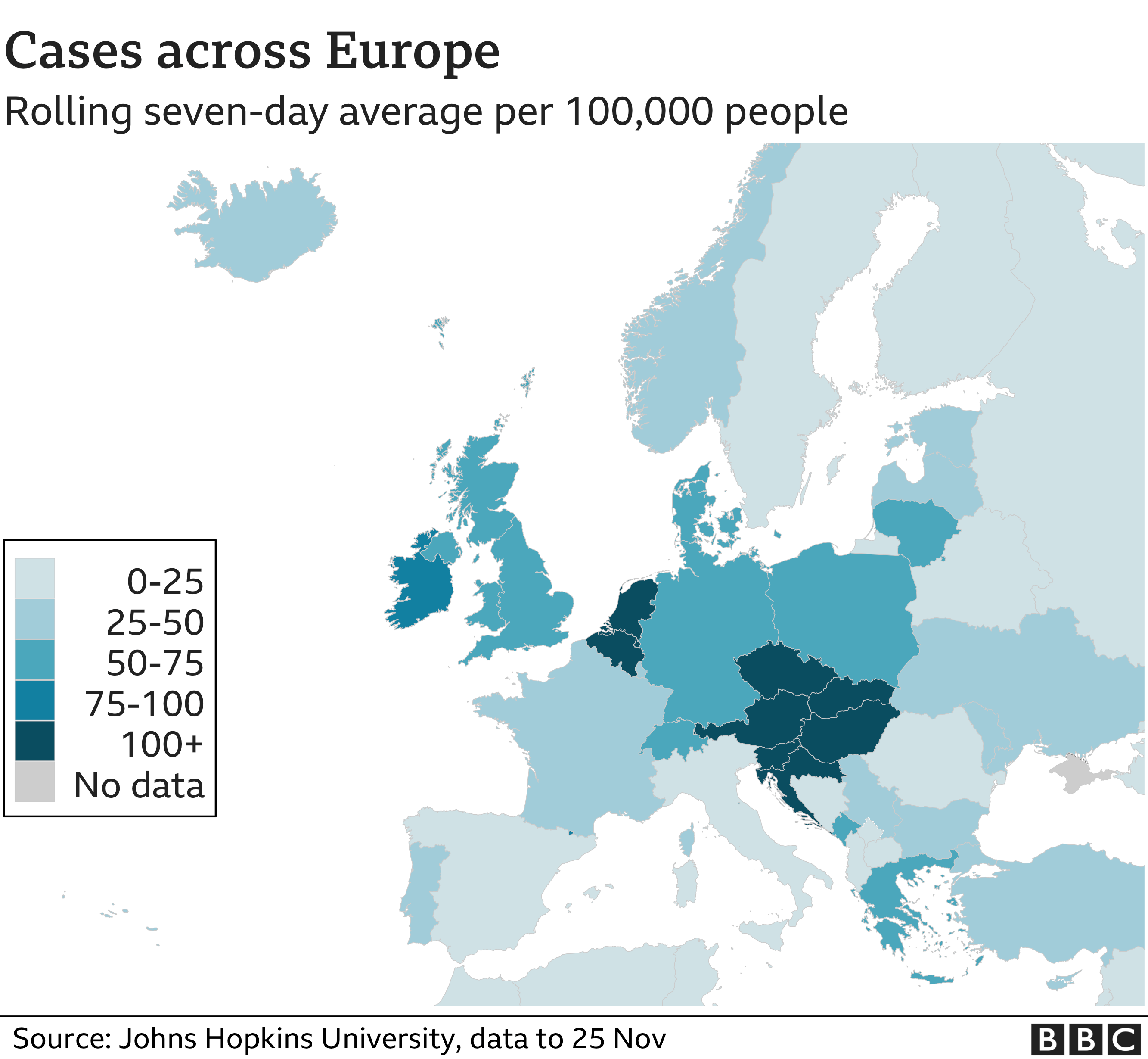 Graphic showing infection rates in separate countries in Europe