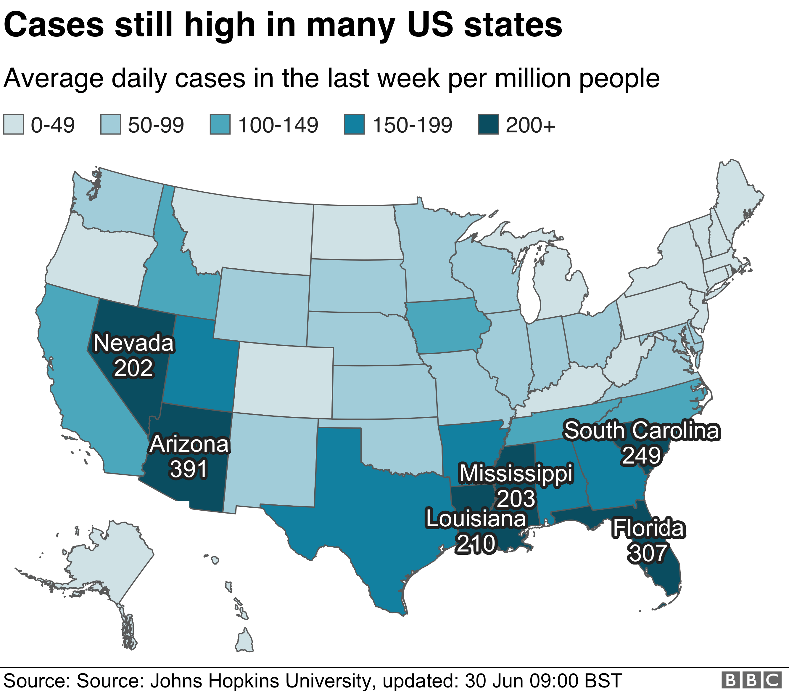 Map of US showing places with increasing cases