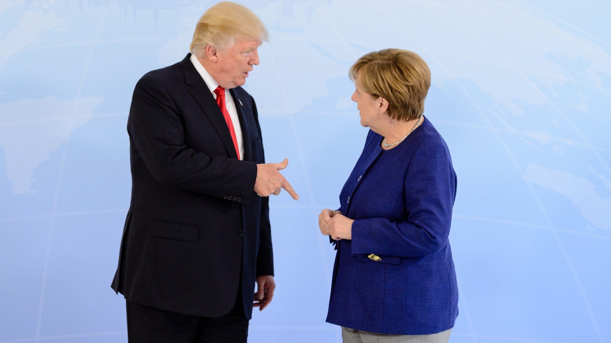 German Chancellor Angela Merkel receives U.S. President Donald Trump in the Hotel Atlantic, on the eve of the G20 summit, for bilateral talks on July 6, 2017 in Hamburg, Germany.