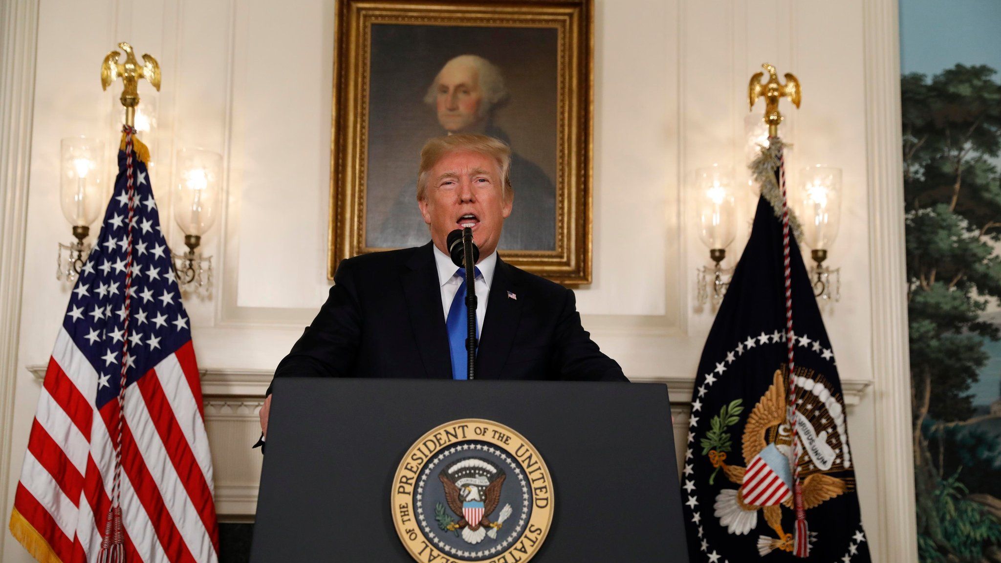 Donald Trump speaks about the Iran nuclear deal in the Diplomatic Room of the White House in Washington,