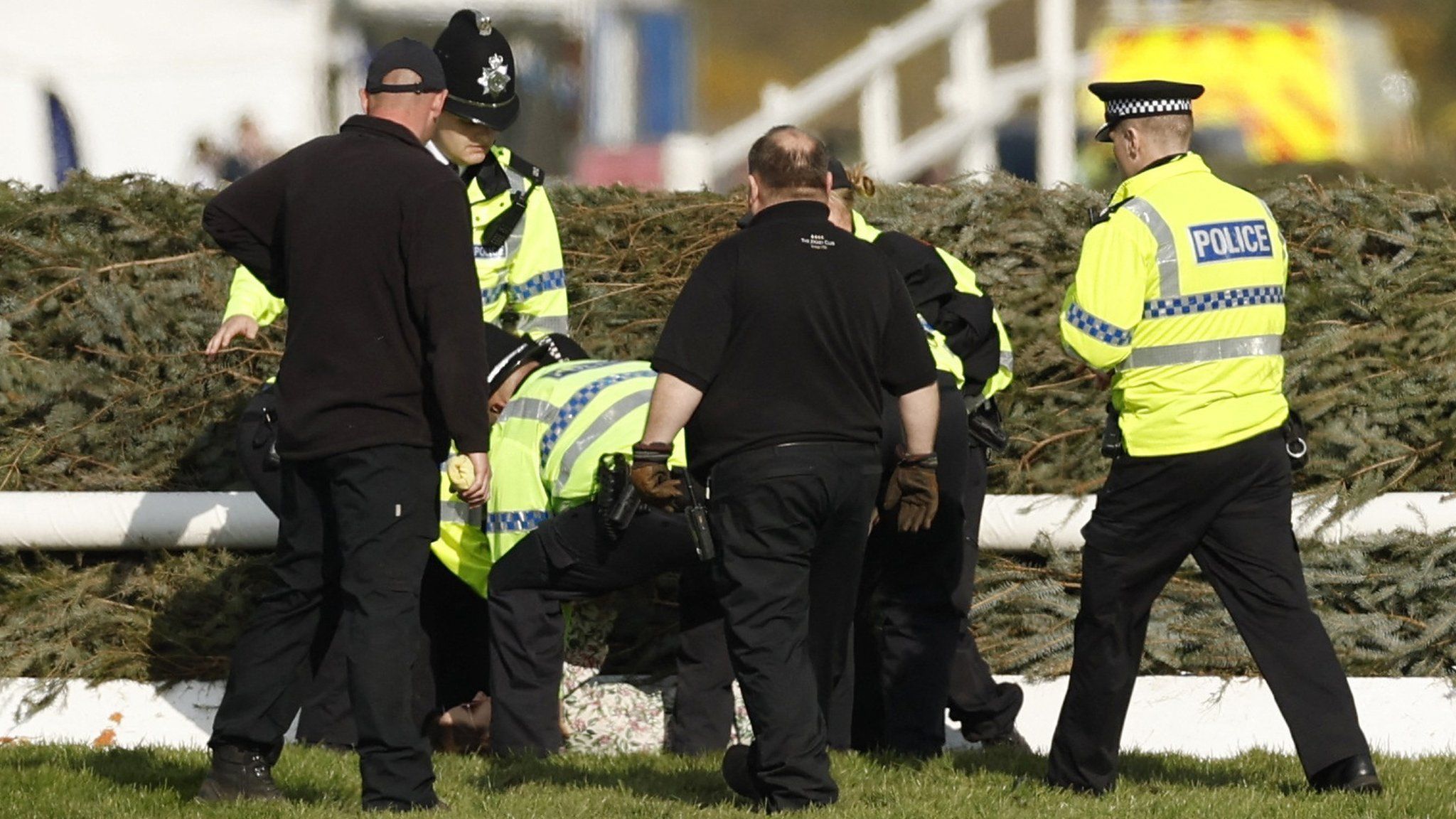 Police remove a protester from the Grand National course at Aintree