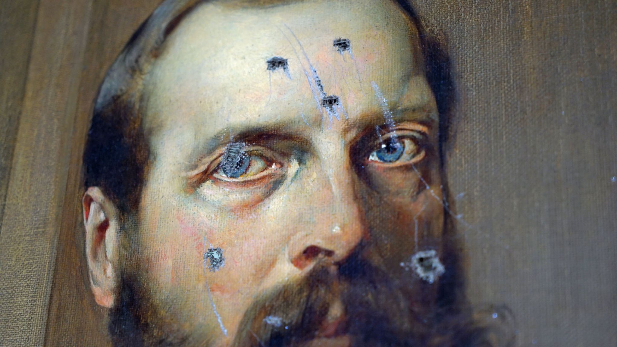 Portrait of Tsar Alexander defaced by bayonet marks