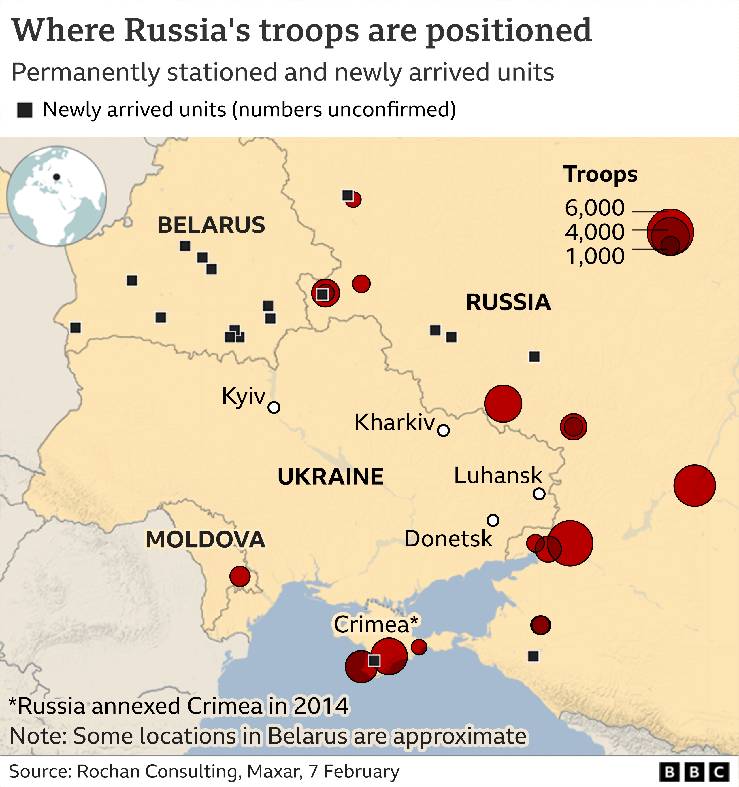 Map showing Russian troops near Ukraine, Feb 2022