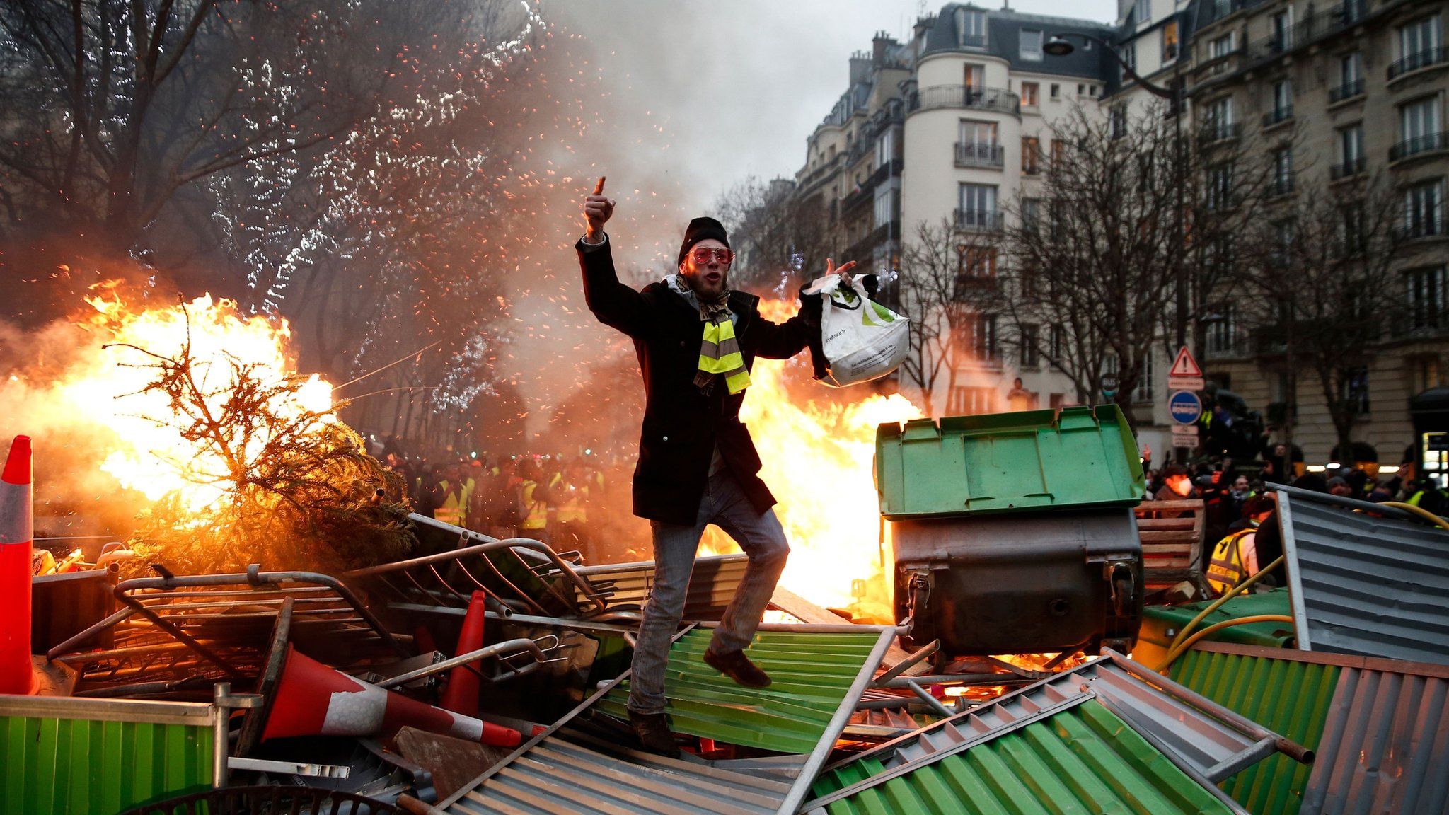 Demonstrator on a barricade in Paris on 5 January 2019