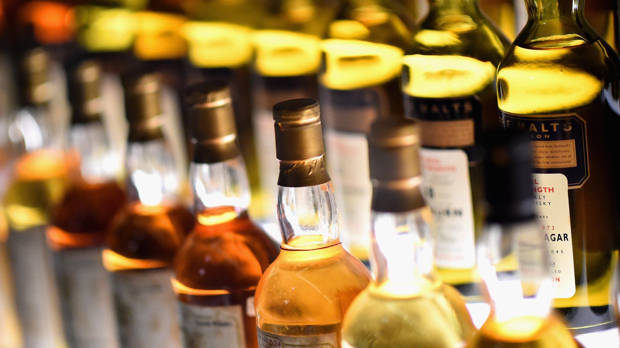 Bottles of whisky on display in the Diageo Claive Vidiz Collection, the world's largest collection of Scottish Whisky on display at The Scotch Whisky Experience on September 3, 2015 in Edinburgh,Scotland