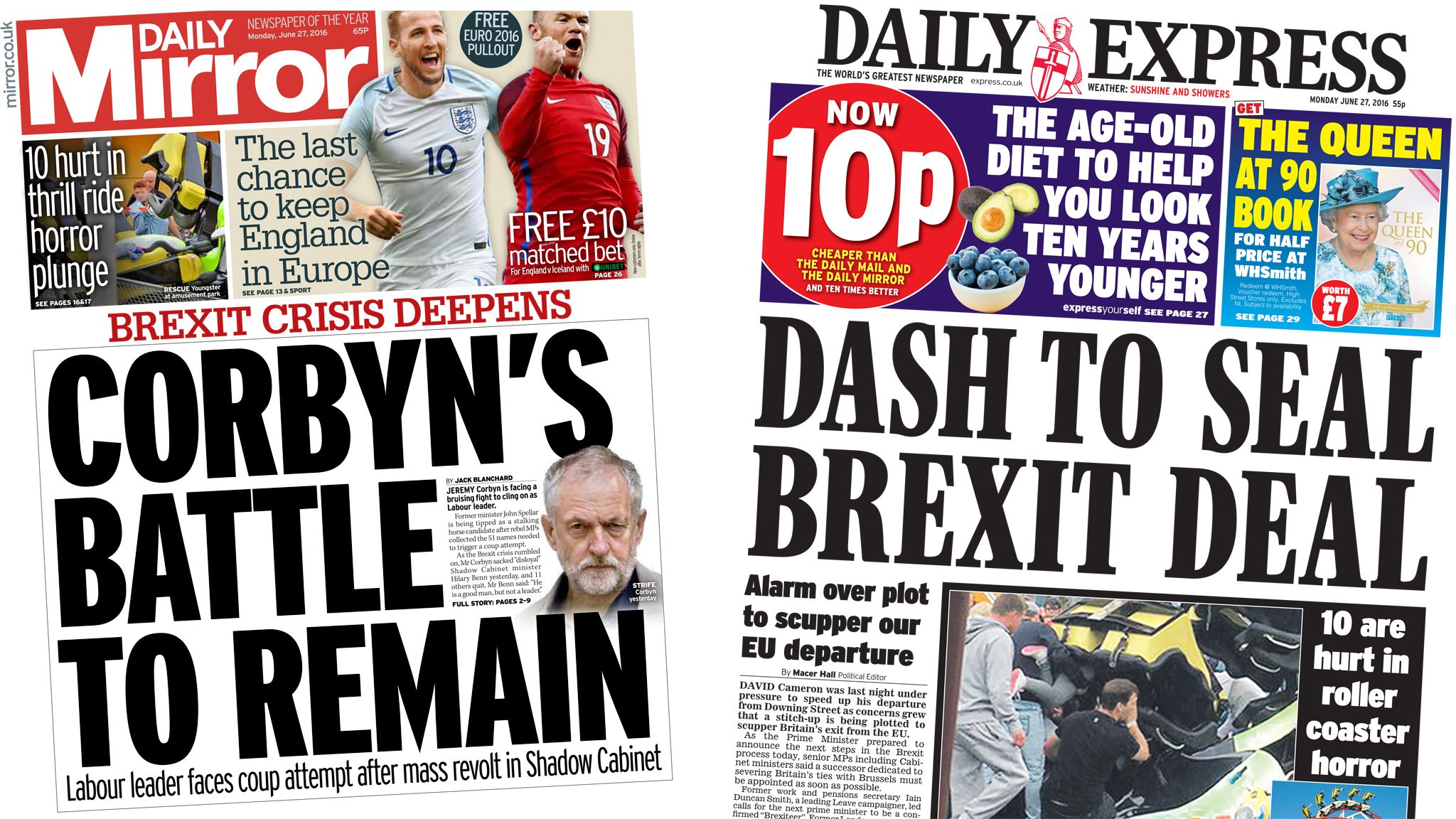 Daily Mirror, Daily Express front pages for 27/06/16
