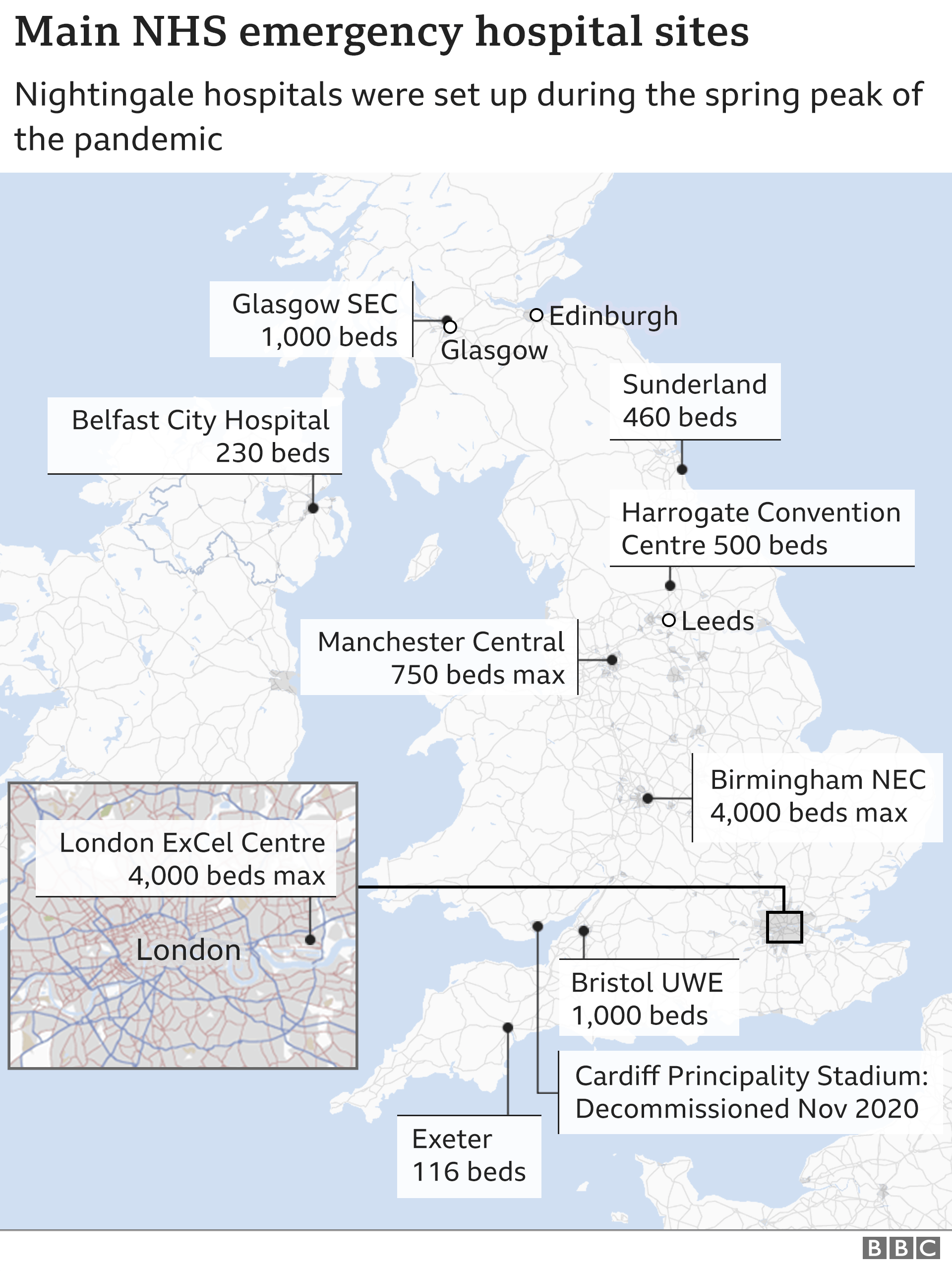 Map showing location of emergency hospitals around the UK