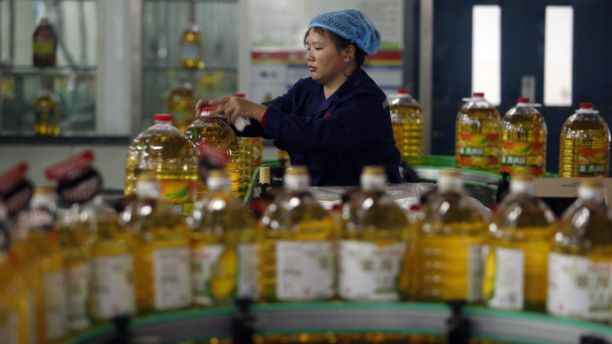 A production line at a cooking oil factory in Wuhan, central China's Hubei province.