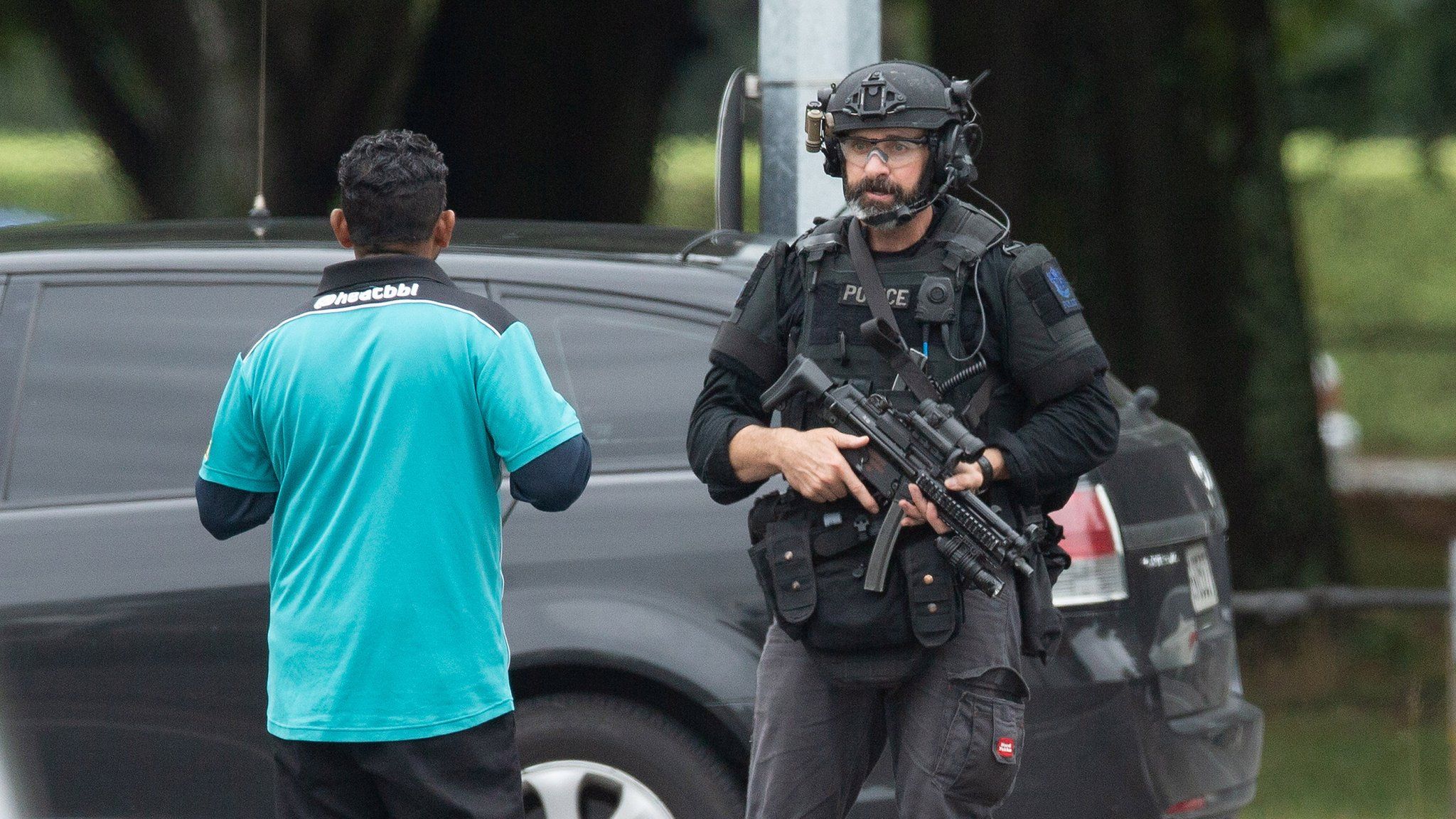 Police following a shooting at the Al Noor mosque in Christchurch, New Zealand,