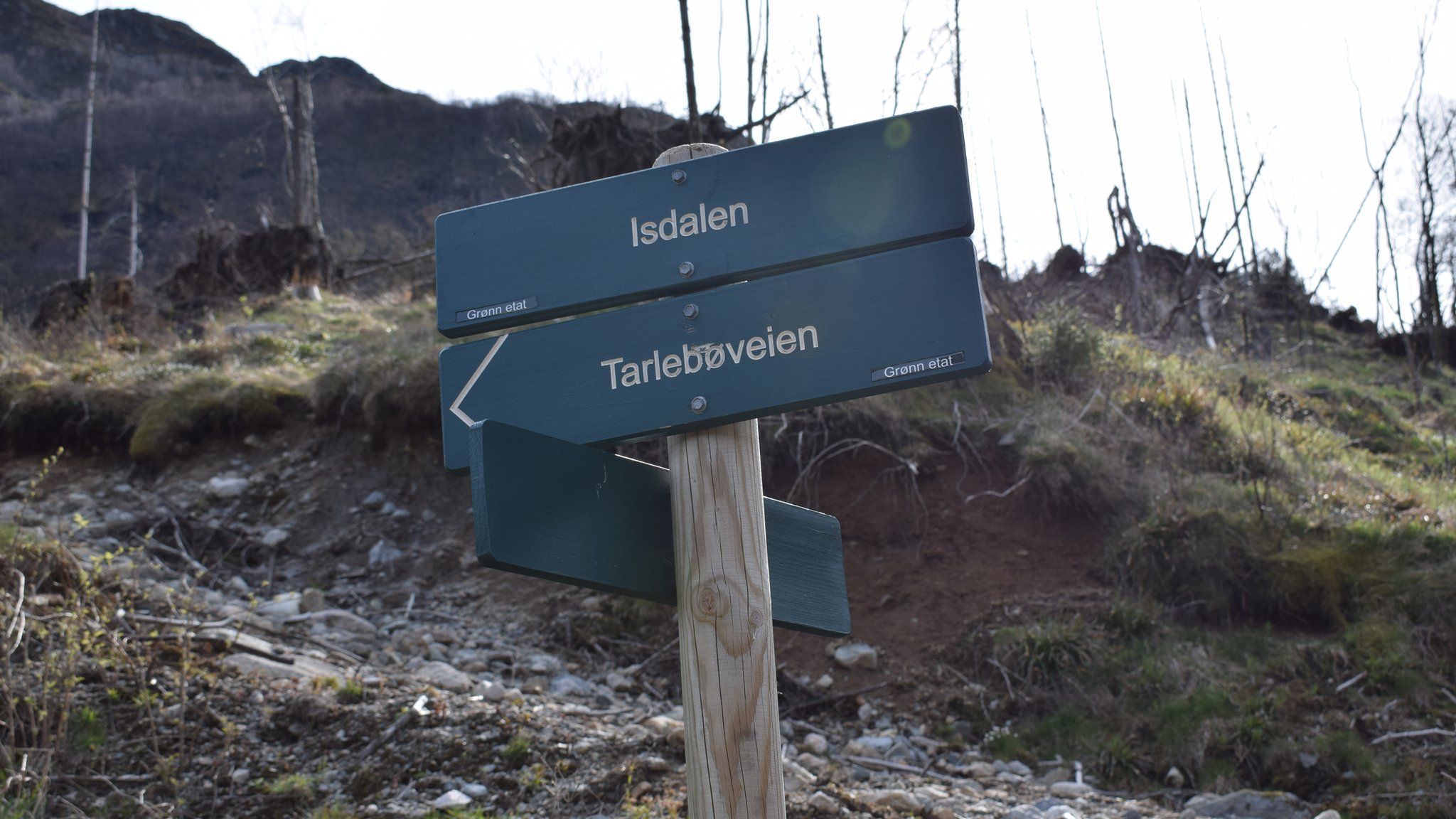 A sign in the valley reads: "Isdalen"