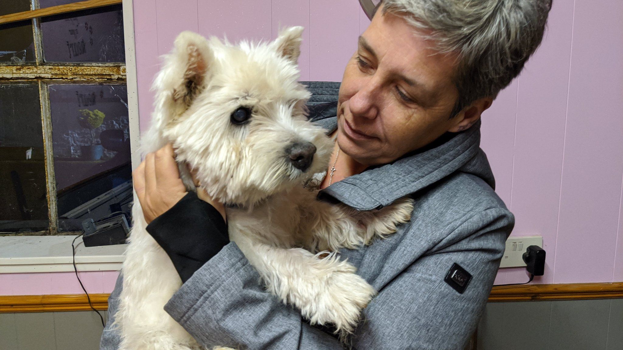 Razzi, the West Highland Terrier with owner