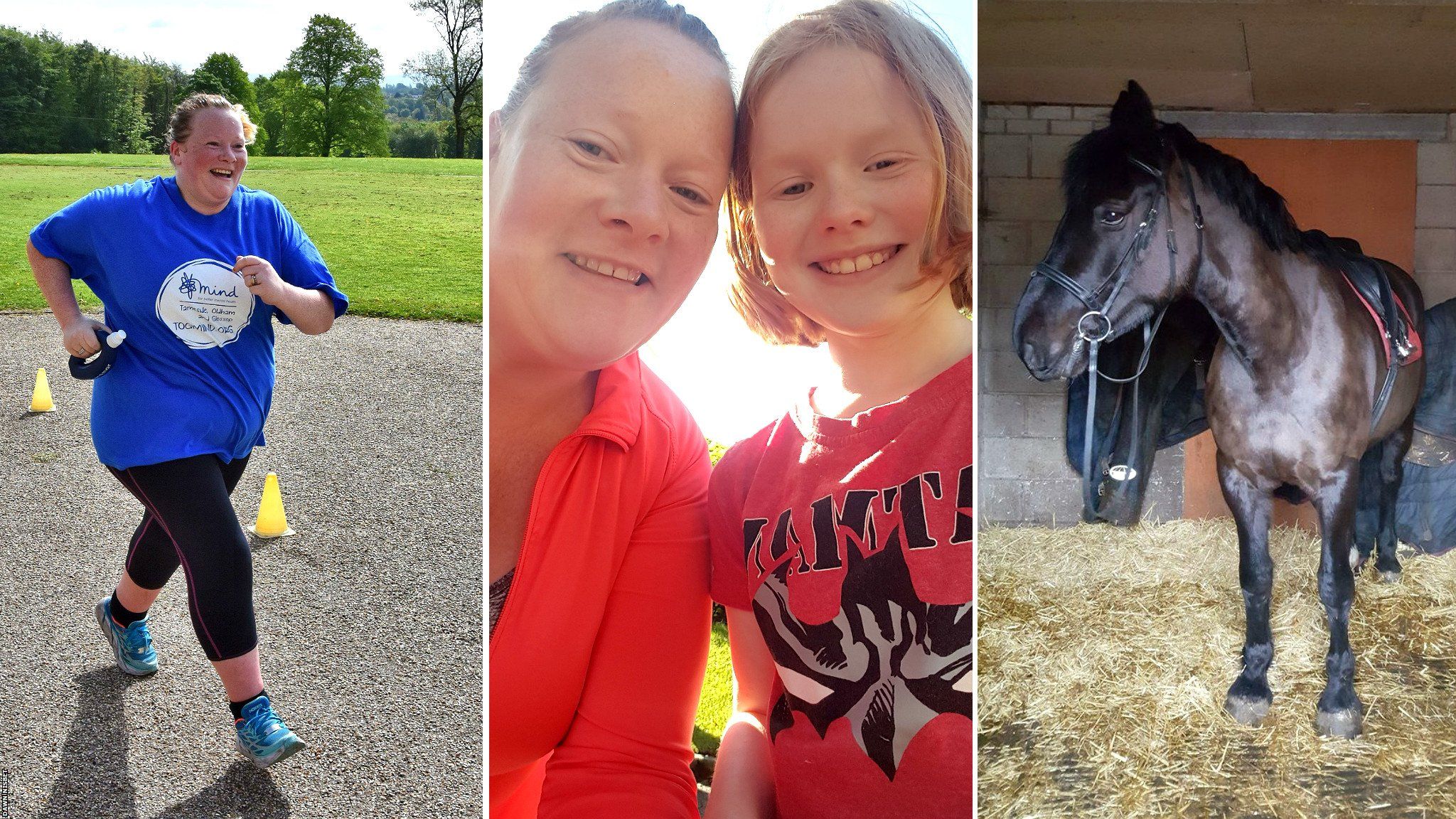 Dawn Nisbet (from left to right): during a parkrun, with her daughter at a junior parkrun, horse she rides