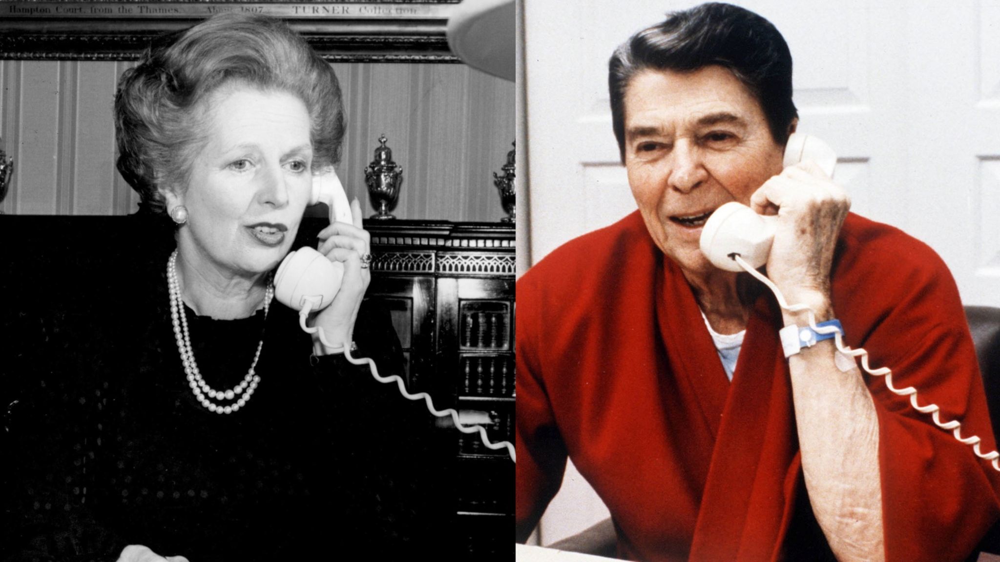 Separate images of UK prime minister Margaret Thatcher and US president Ronald Reagan both on the telephone