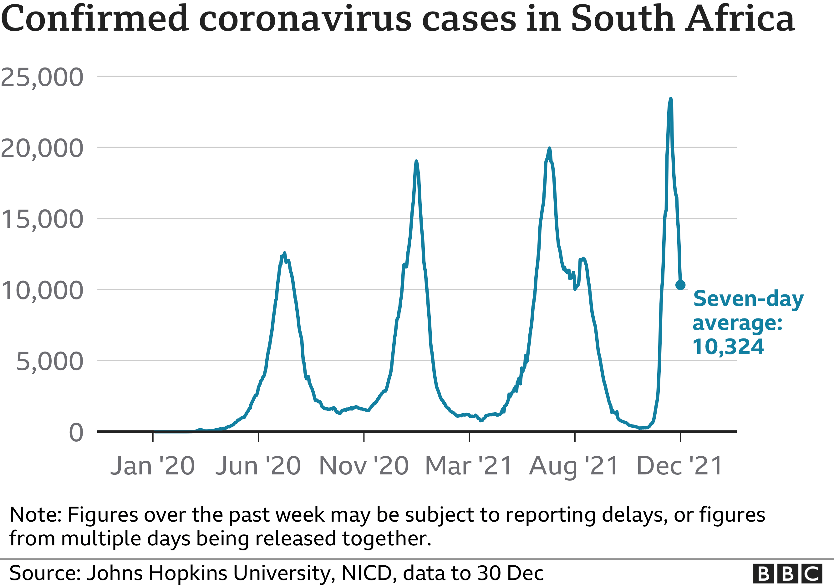 Chart showing the number of confirmed Covid cases recorded in South Africa since the start of the pandemic