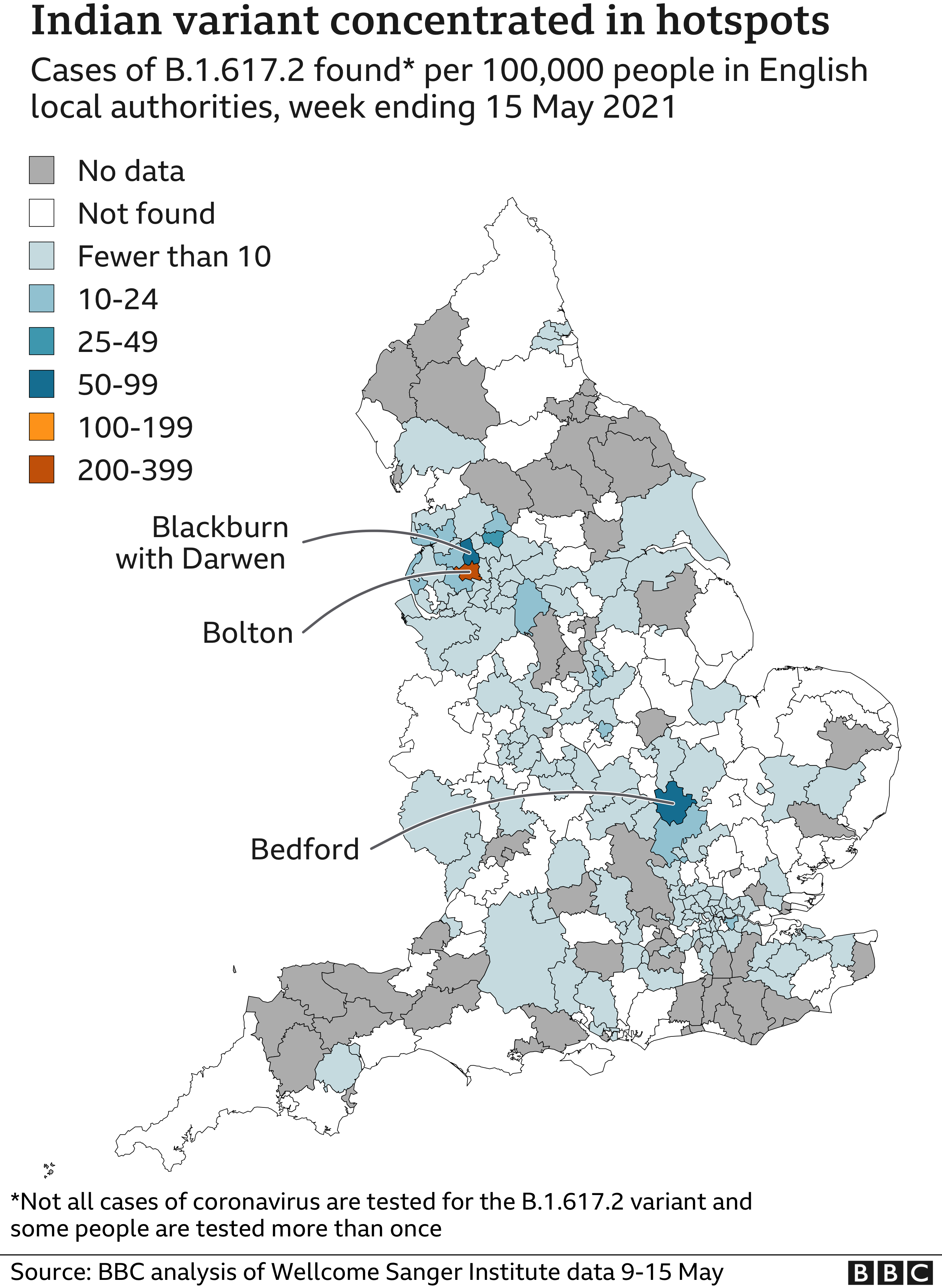 Map showing concentration of Indian variant cases in hotspots