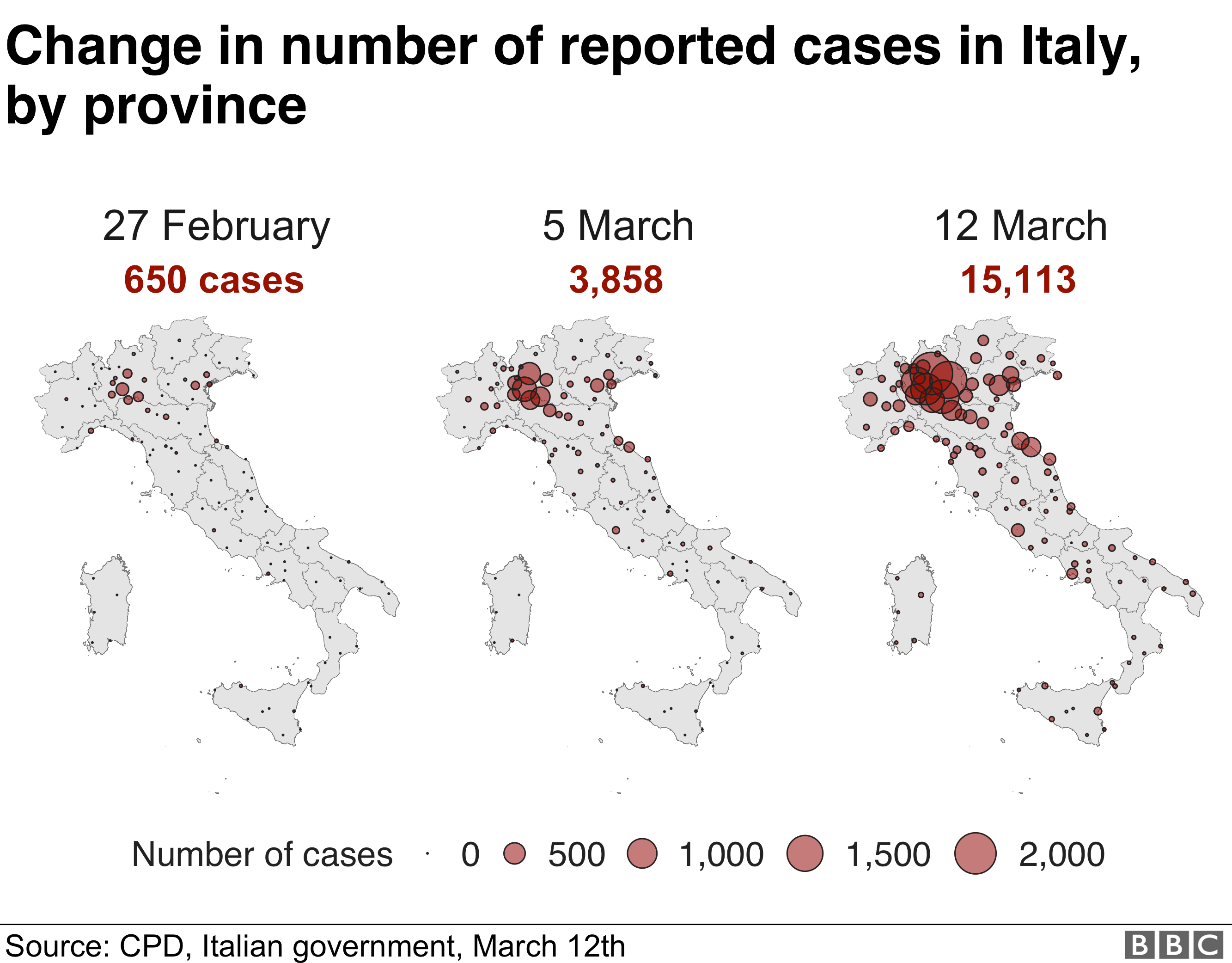 Maps showing intensity of cases by place, across Italy on 27 Feb, 5 March and 12 March