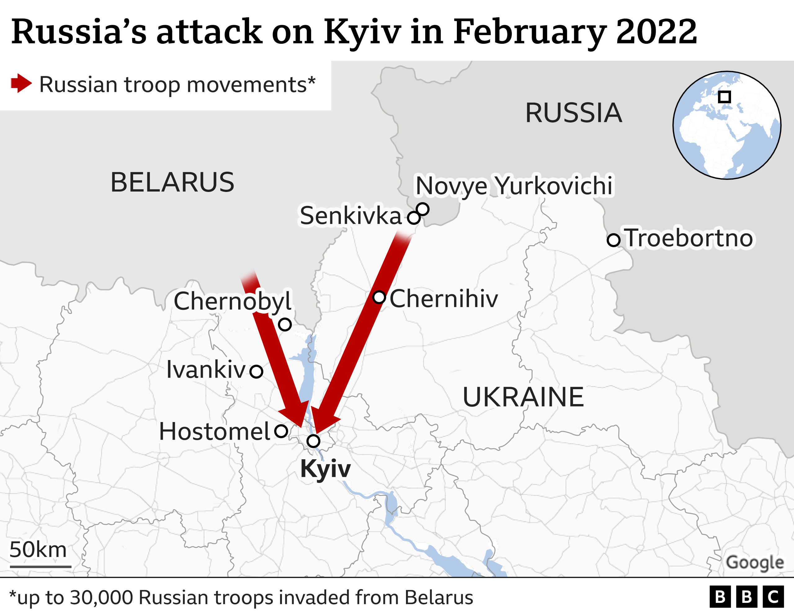 Mappa delle rotte di invasione nel nord dell'Ucraina dalla Bielorussia e dalla Russia