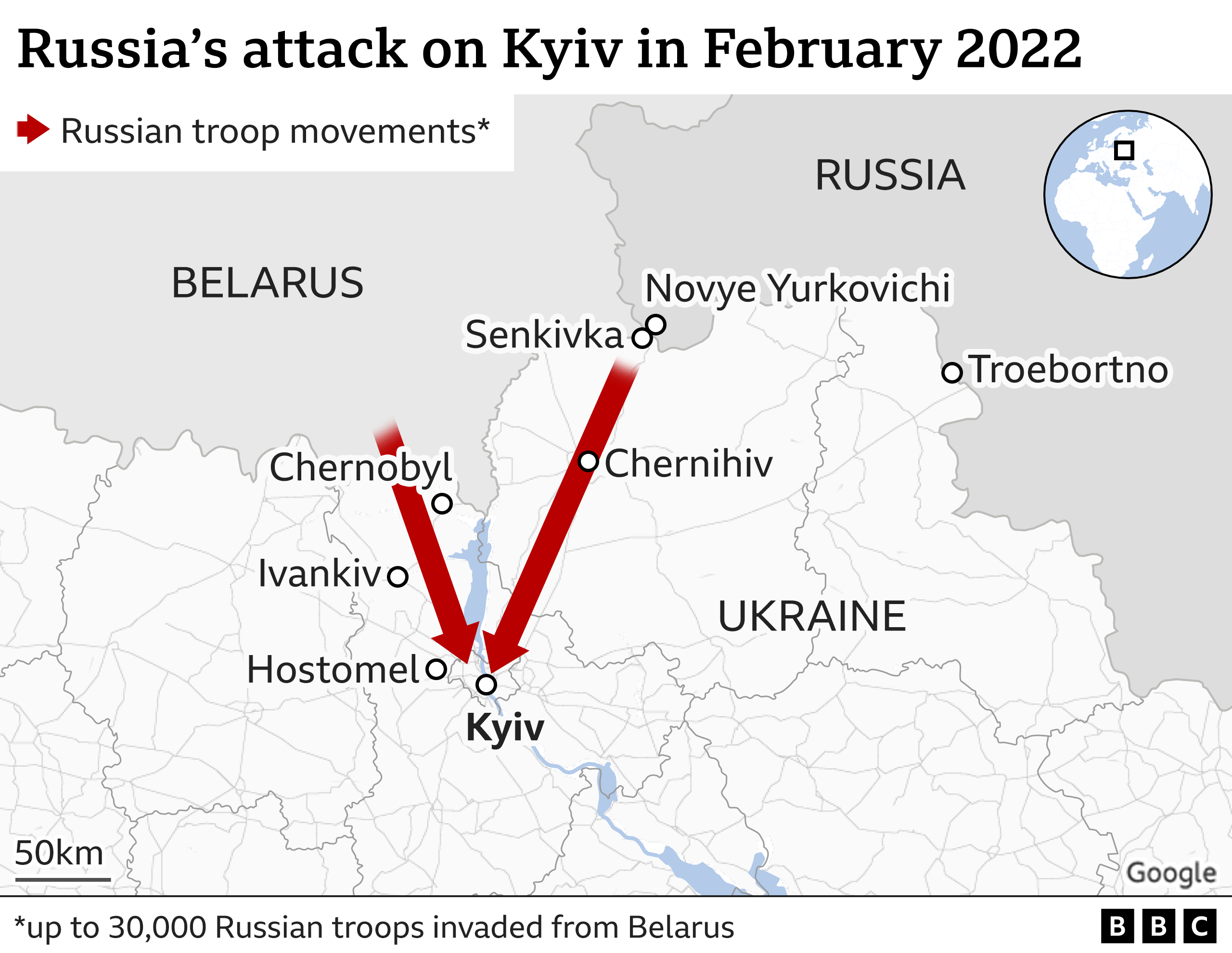 Karte der Invasionsrouten in die Nordukraine von Weißrussland und Russland aus