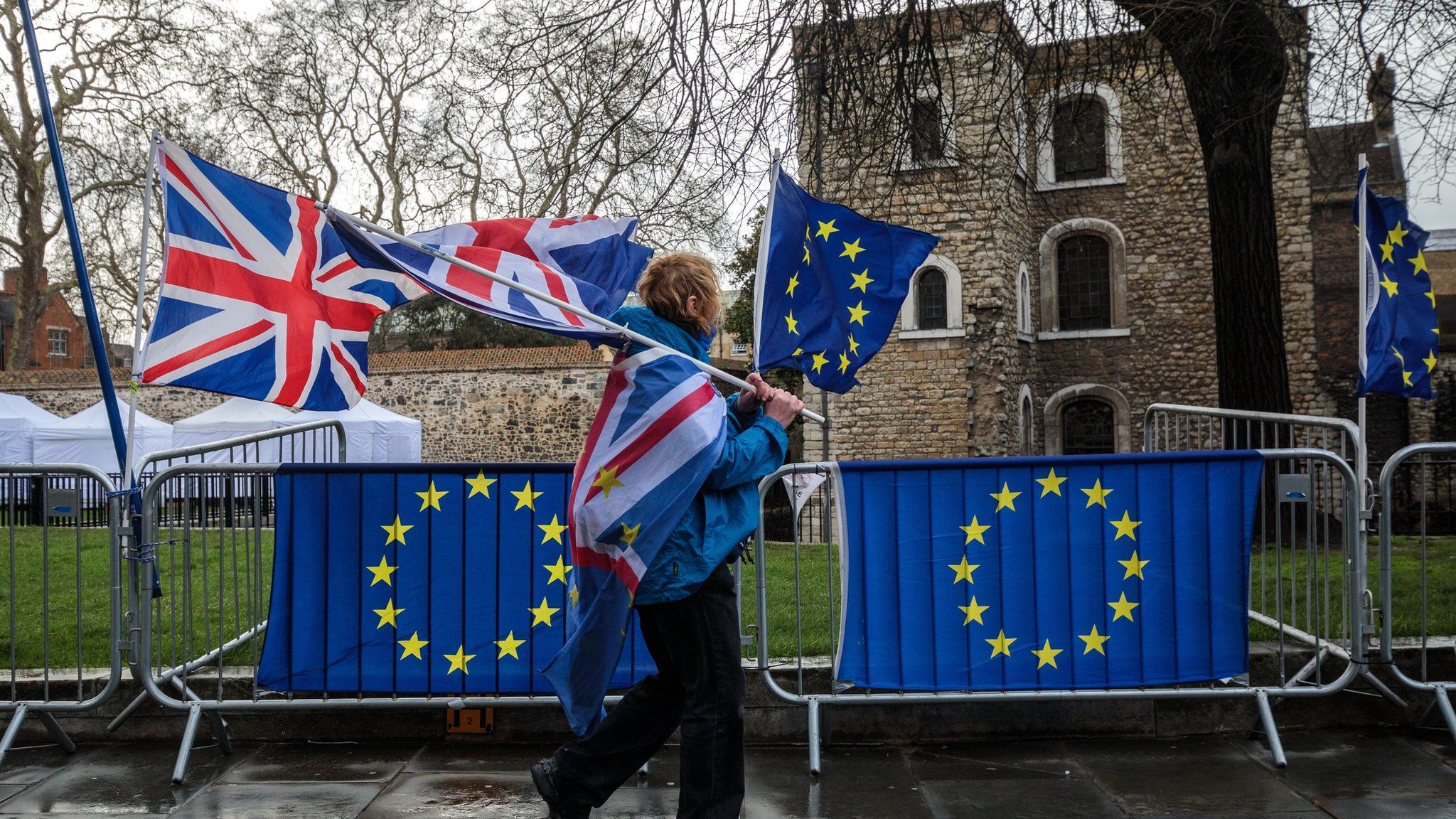 Anti-Brexit protesters demonstrate outside the Houses of Parliament on 18 March 2019 in London