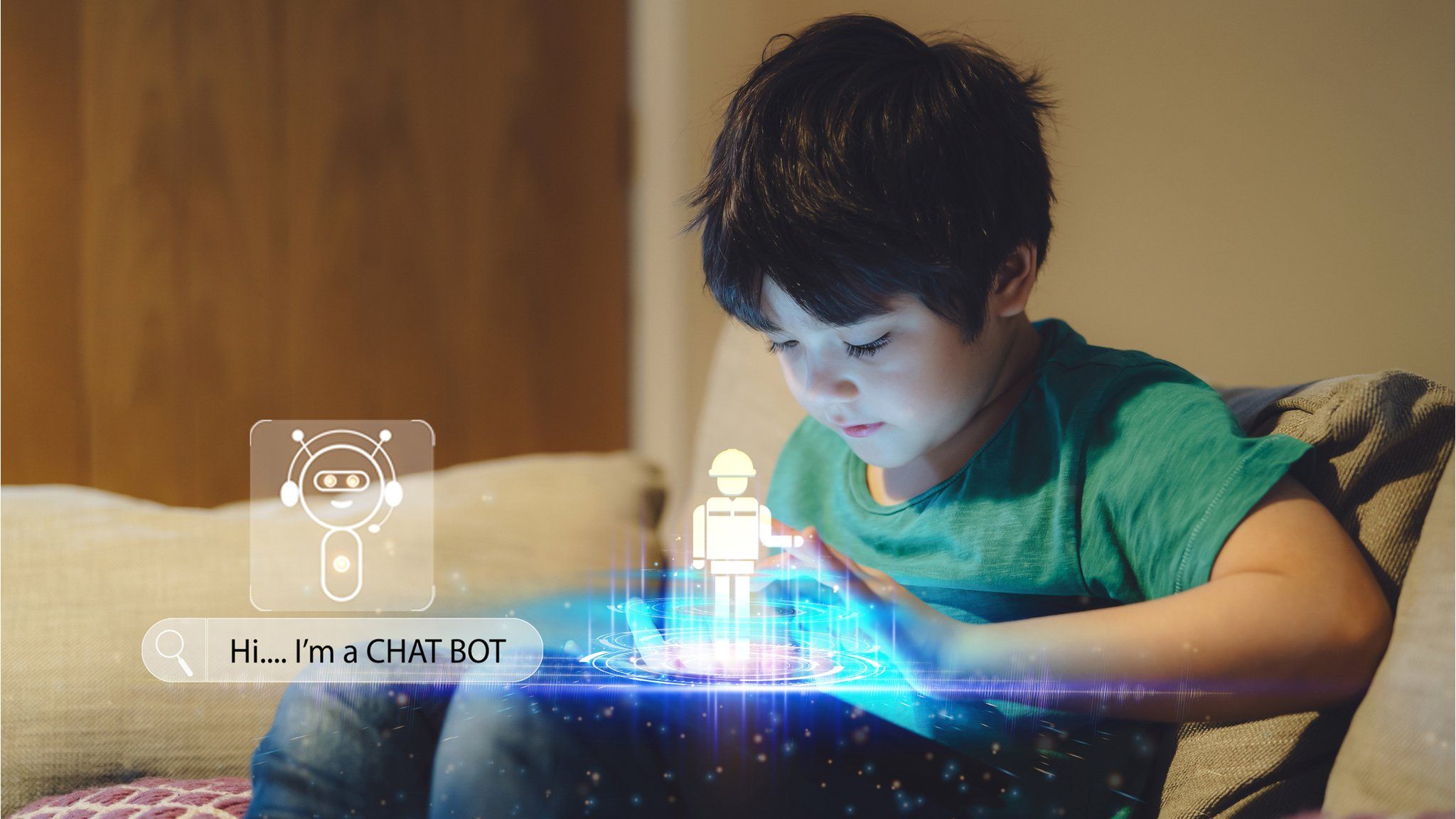 a boy plays with his tablet with illustrations of a chat bot on the screen