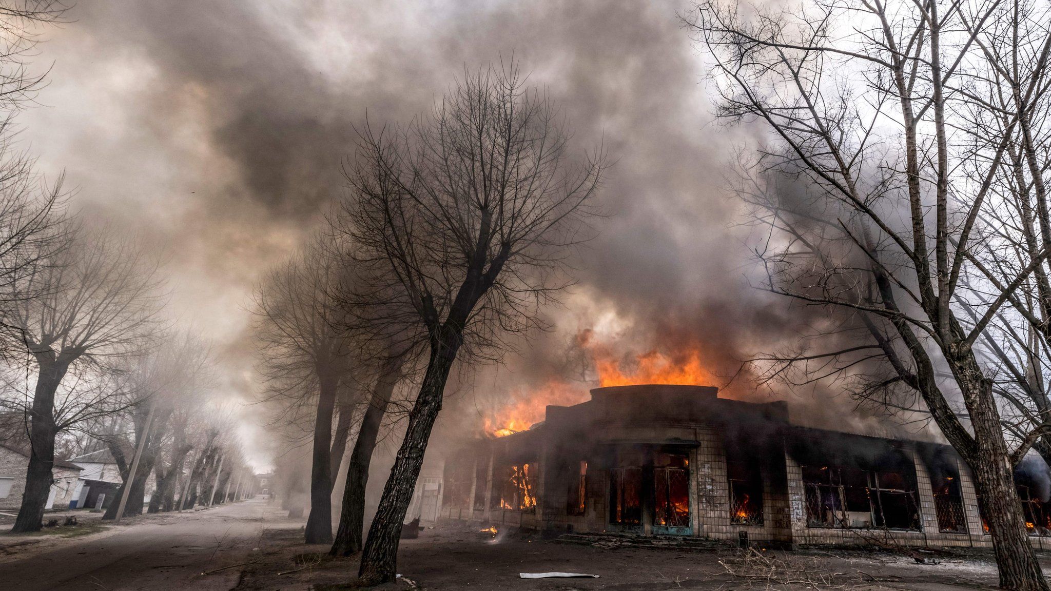 A house is burning following shelling in Severodonetsk, Donbass region, on April 6, 2022