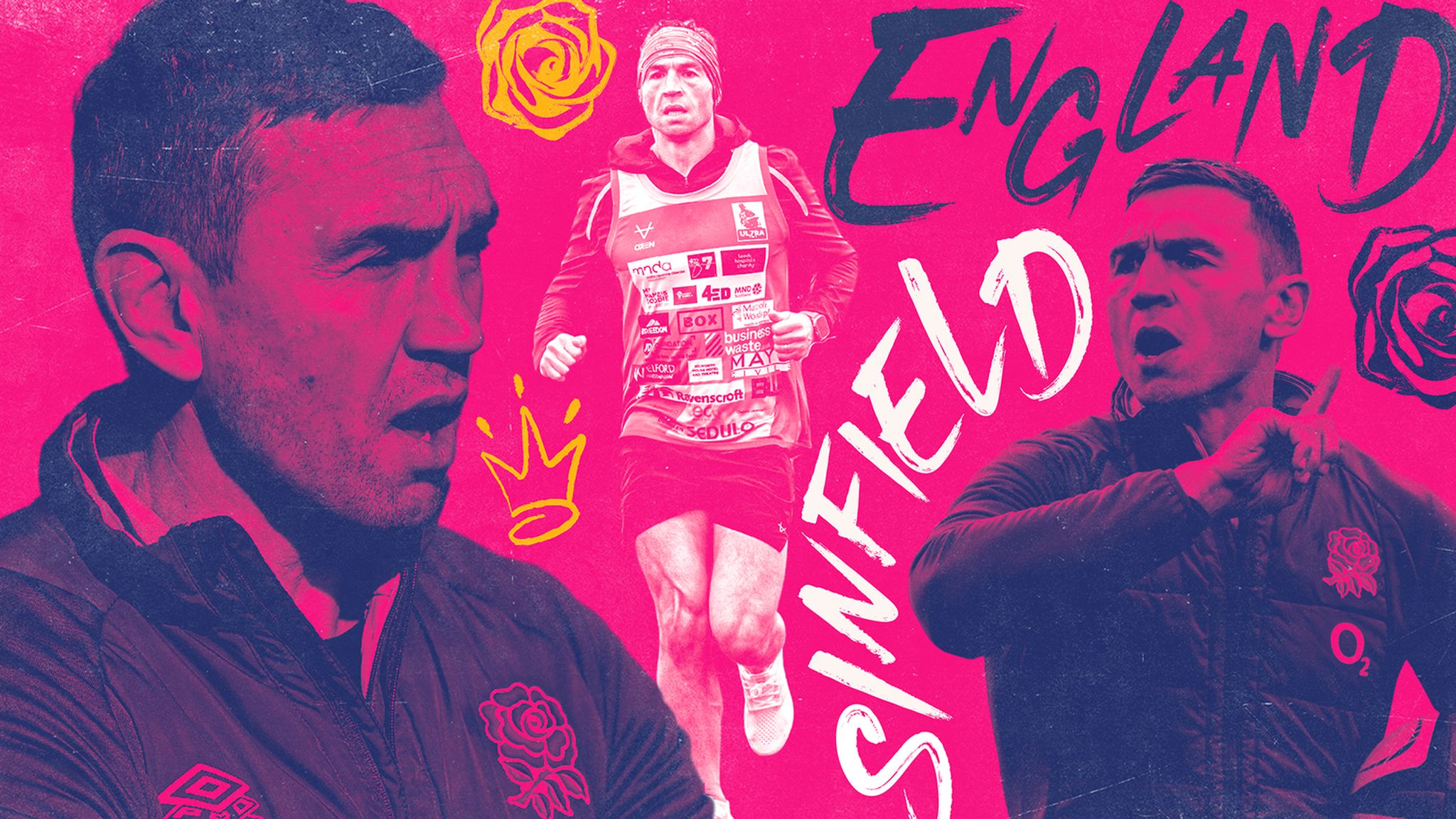 A graphic with the words 'England' and 'Sinfield', pictures of Kevin SInfield coaching England and a picture of him running