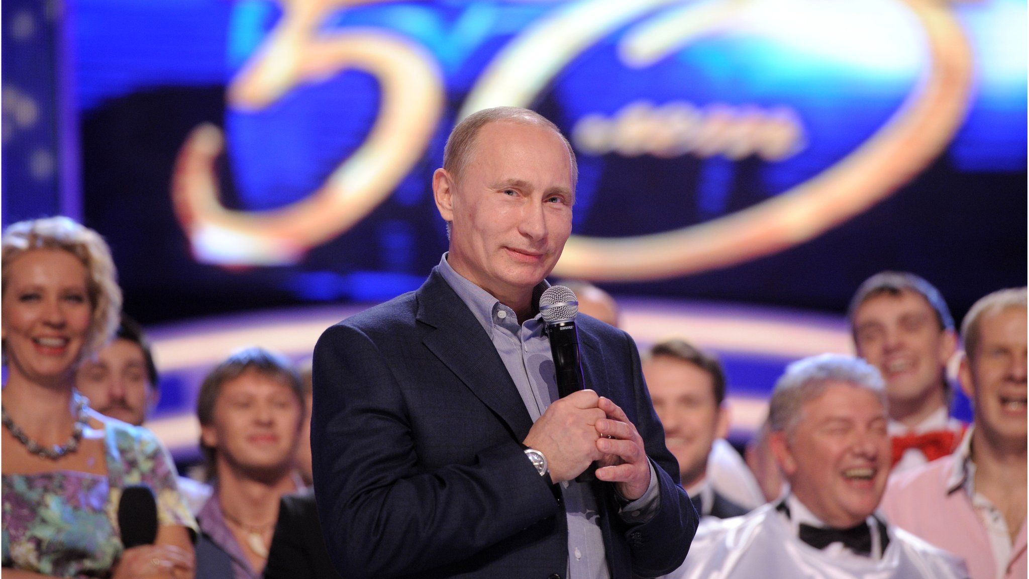 Russia's then Prime Minister, Vladimir Putin, attends a show to mark the 50th anniversary of the TV comedy show KVN in Moscow on 13 November 2011.