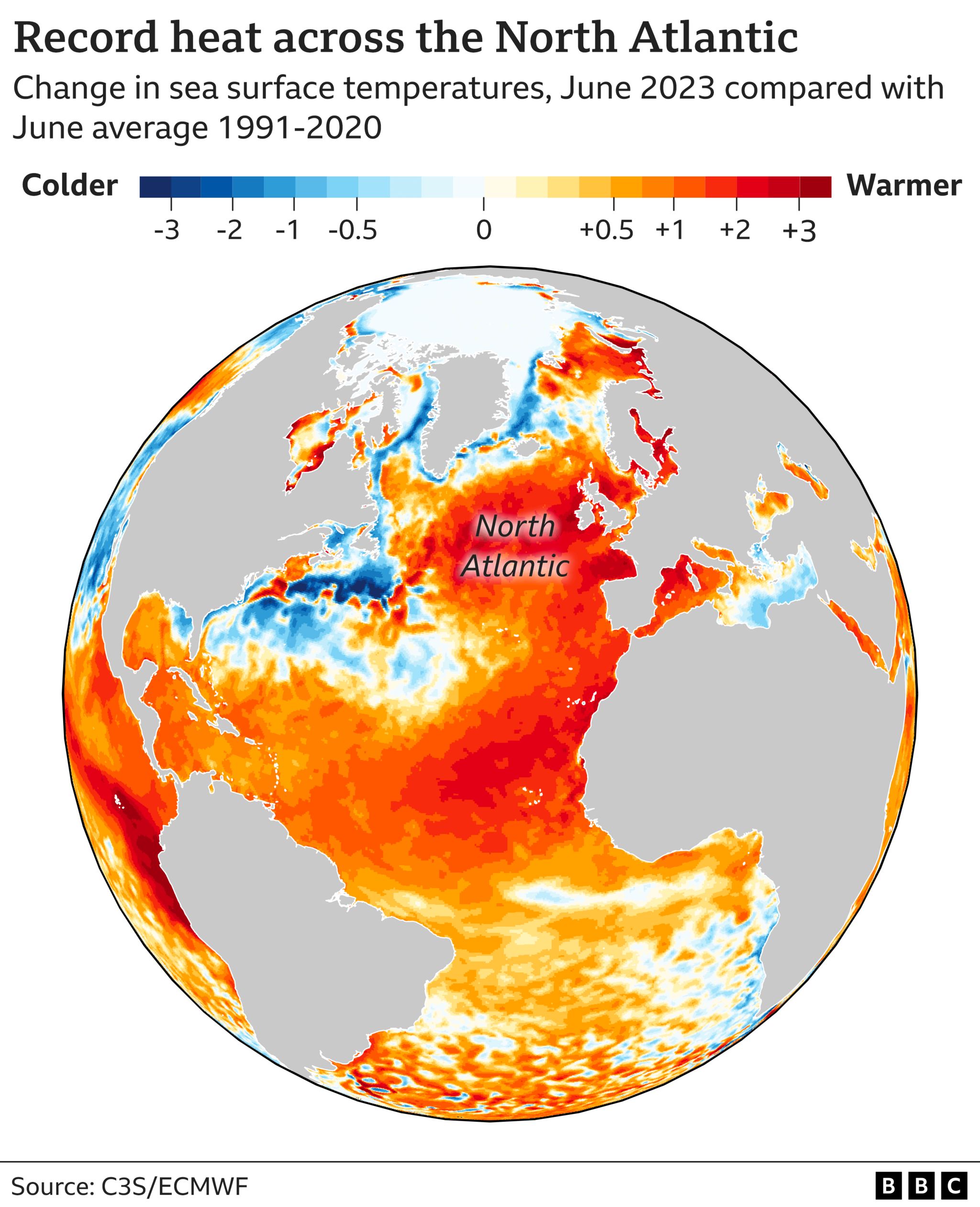 Карта мира, показывающая, что температура моря в июне 2023 года была выше, чем в среднем за июнь с 1991 по 2020 год