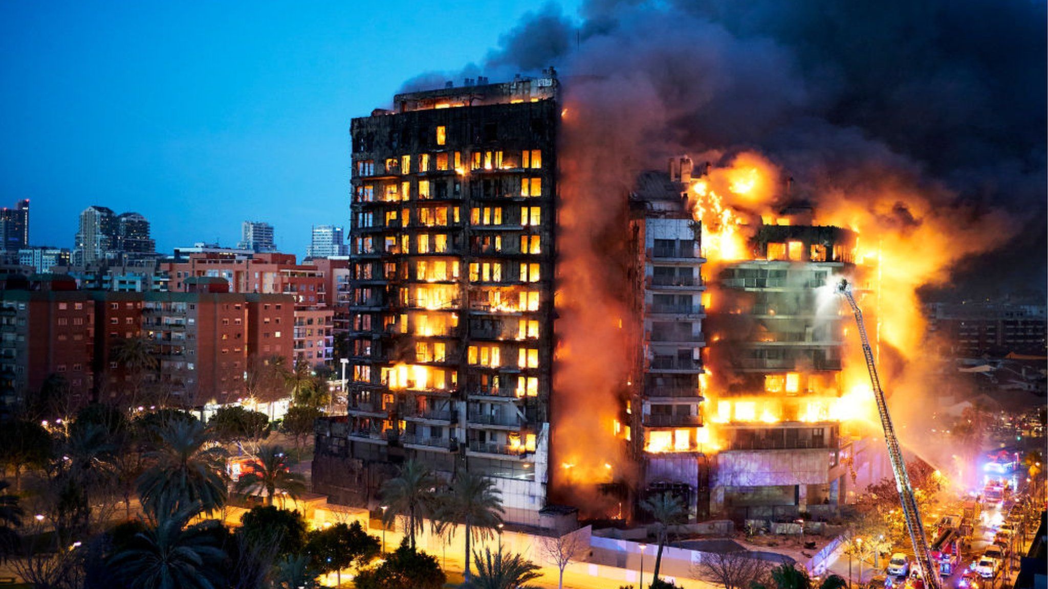 An apartment block ablaze in Valencia