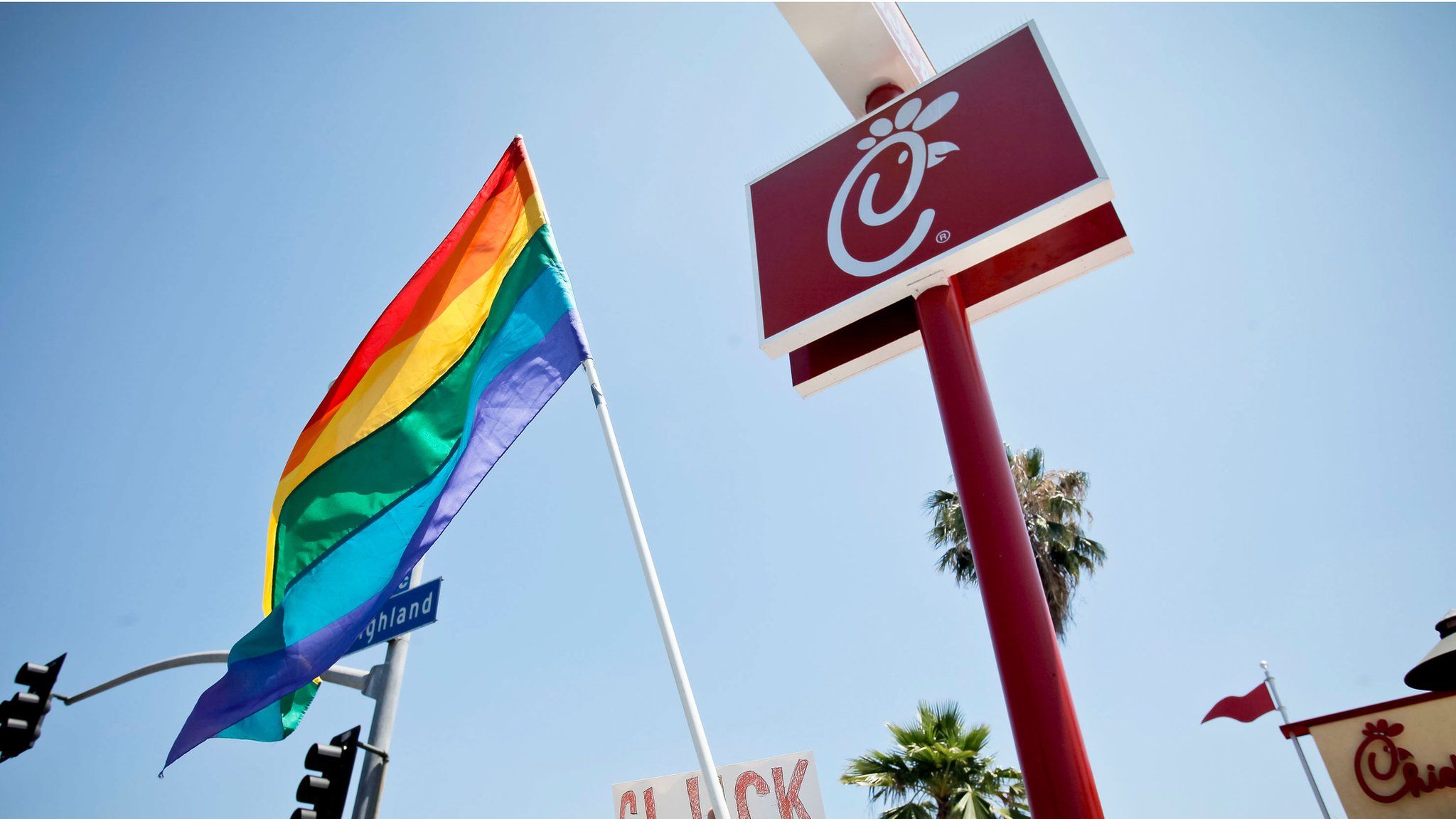 The Chick-fil-A at the 'Chick-Fil-A Is Anti-Gay!' PETA and LGBT community protest at Chick-fil-A on August 1, 2012 in Hollywood, California.