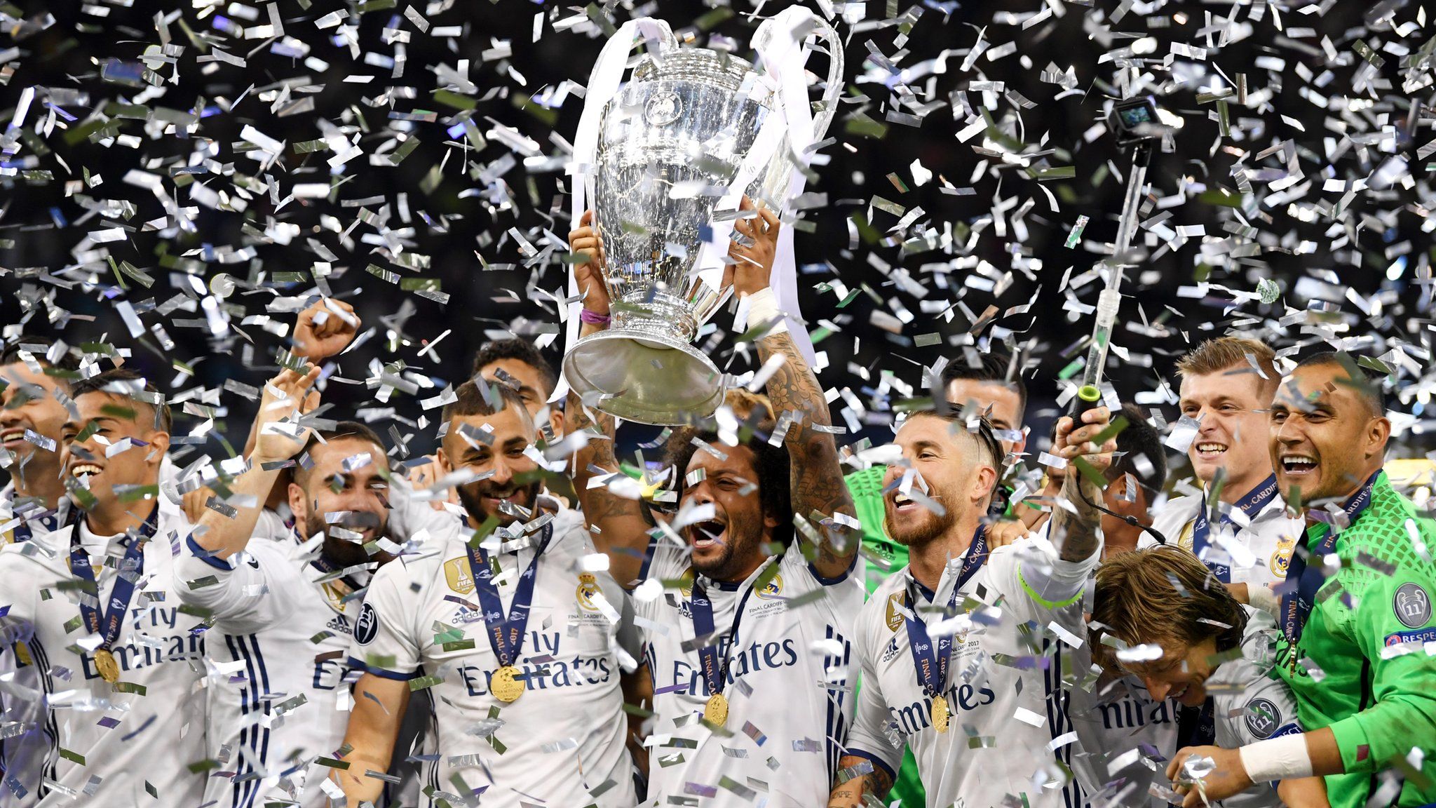Real Madrid's players celebrate winning the 2017 Champions League after beating Juventus 4-1 in the final